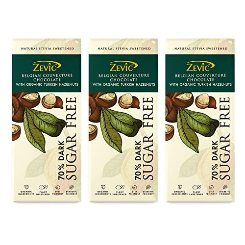 ZEVIC ZEVIC Organic Turkish Hazelnuts Chocolate Sugar Free | 70% Belgian Dark Chocolate | Stevia Chocolate | Rich in Vitamins & Minerals | Diabetic Friendly Chocolate | Healthy Chocolate, 40g - (Pack of 3)