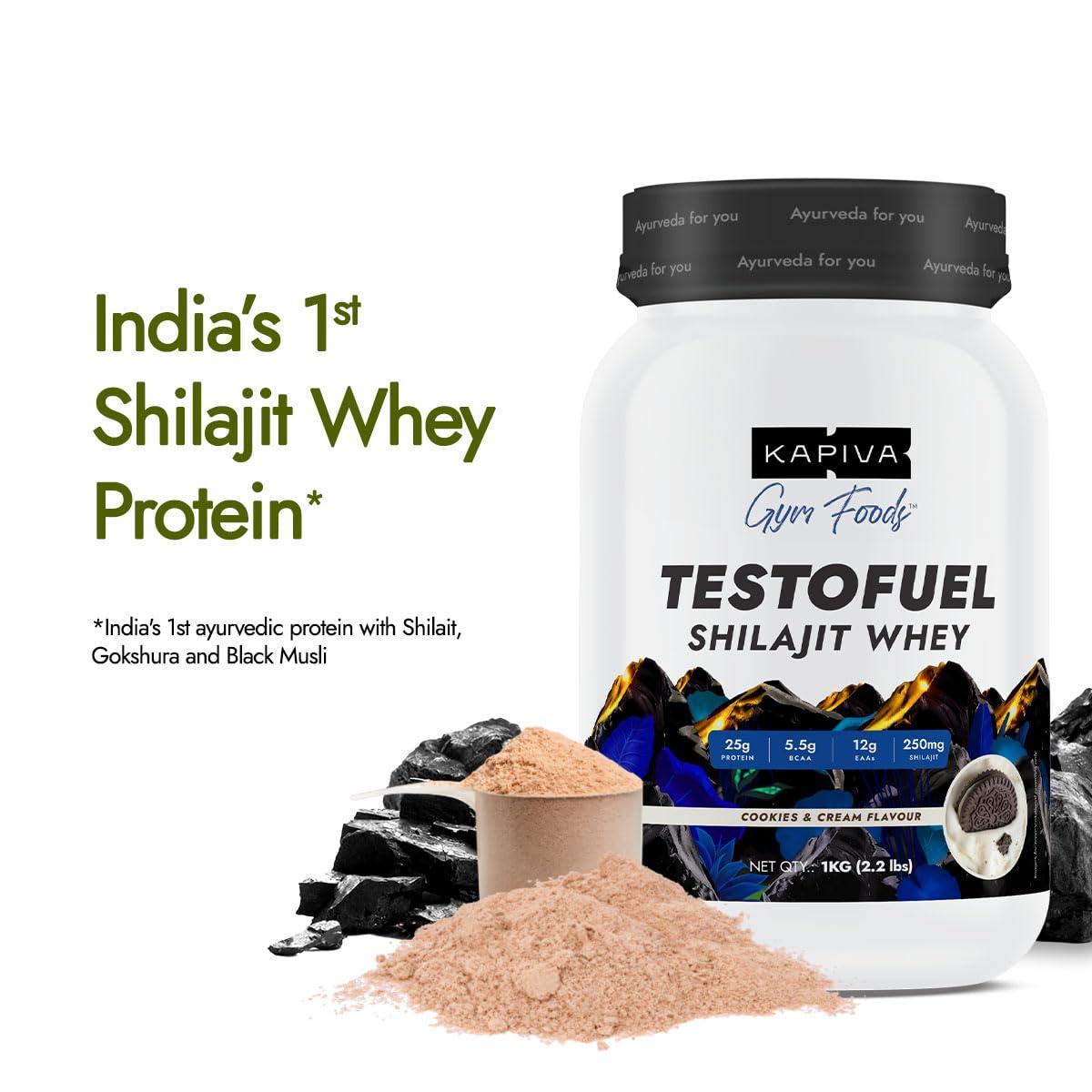 Kapiva Kapiva Testofuel Shilajit Whey Protein| 25g Protein | 250mg Shilajit | 5.5g BCAA | Cookies & Cream | Faster Absorption | Digezyme blend | WADA Compliant | 1Kg/ 2.2lb