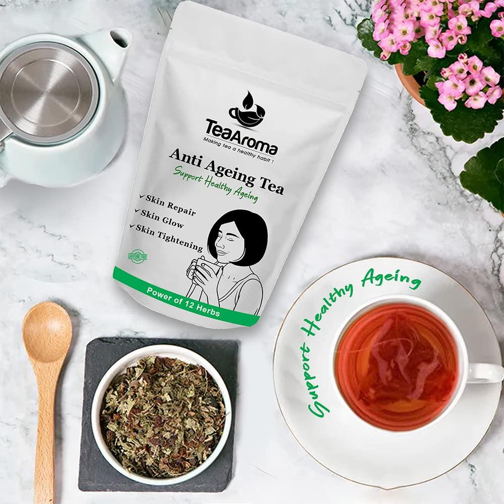 Tea Aroma - Making tea a healthy habit ! Tea Aroma - Anti Ageing Tea - Caffeine Free Tea With 12 Powerful herbs helps in Skin Tightening, Skin Glow, Hair Strengthening - Rich in Antioxidants - 50 g