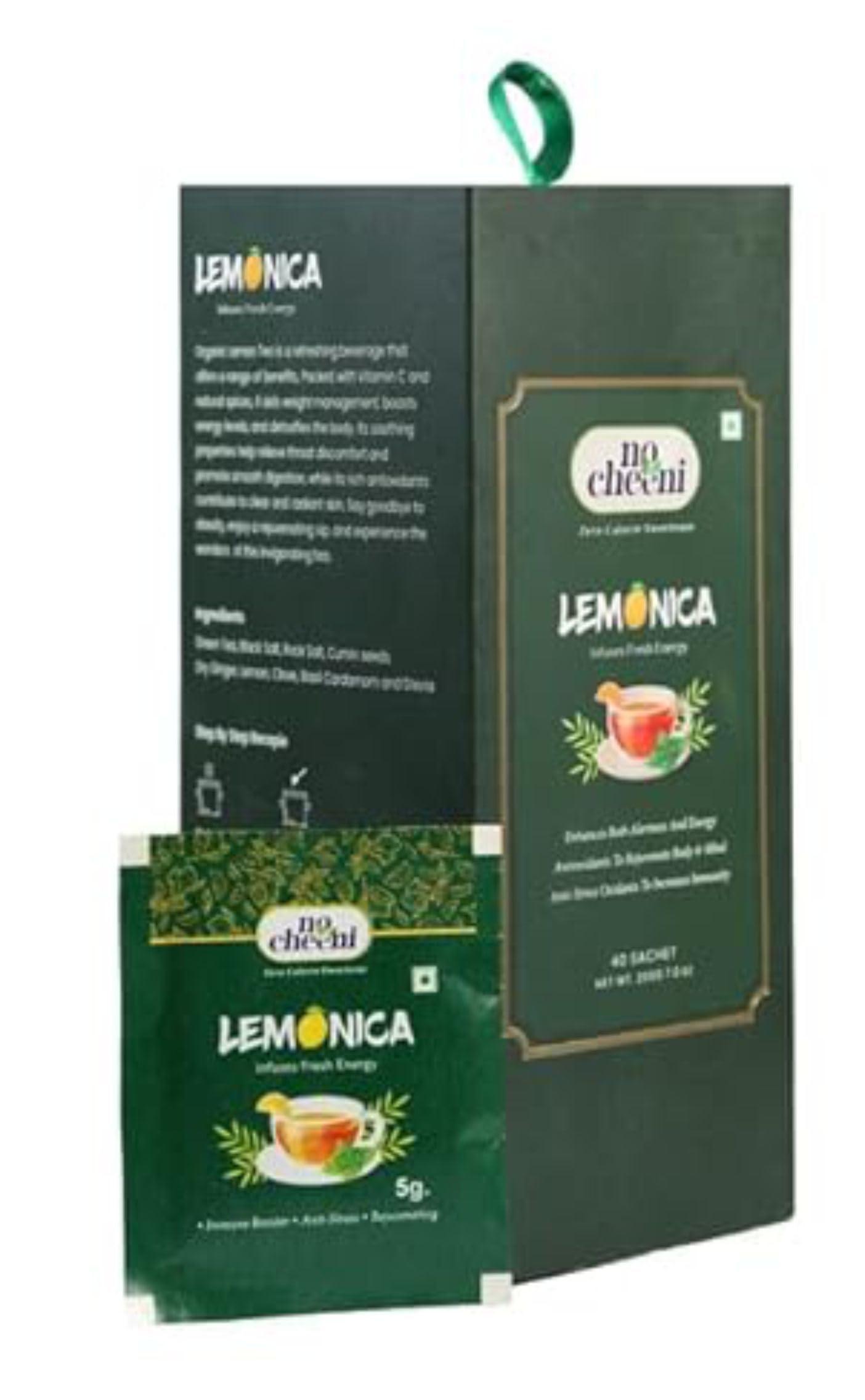 No Cheeni No Cheeni Stevia Lemon Green Tea Bags, All Natural Flavour, Zero Calories - Improves Metabolism & Reduces Waist - 200gm (40 Sachet)