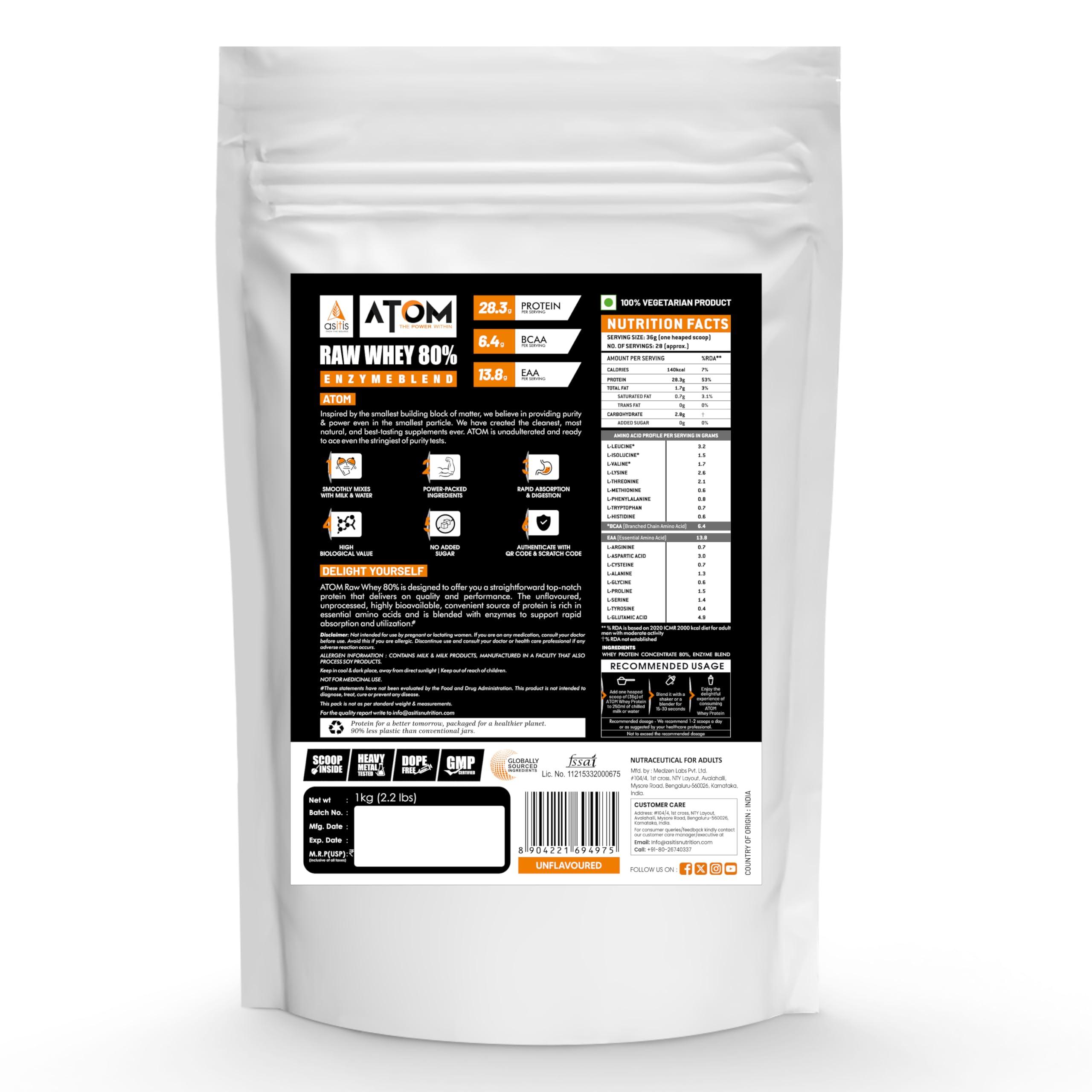Asitis Nutrition AS-IT-IS ATOM Raw Whey Protein 1kg with Enzymes | 28.5g Protein | USA Labdoor certified | 6.4g BCAA