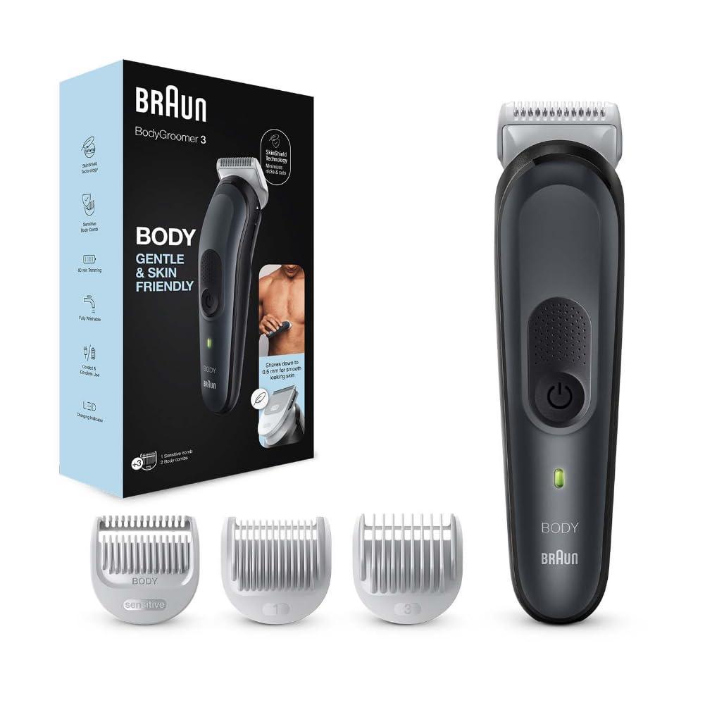 Braun Braun Body Groomer 3 for Men from Gillette, BG3340, Manscaping Tool, SkinShield Technology, Sensitive Comb, Lifetime Sharp Metal Blade, Body Groomer for Men, Gray/Black