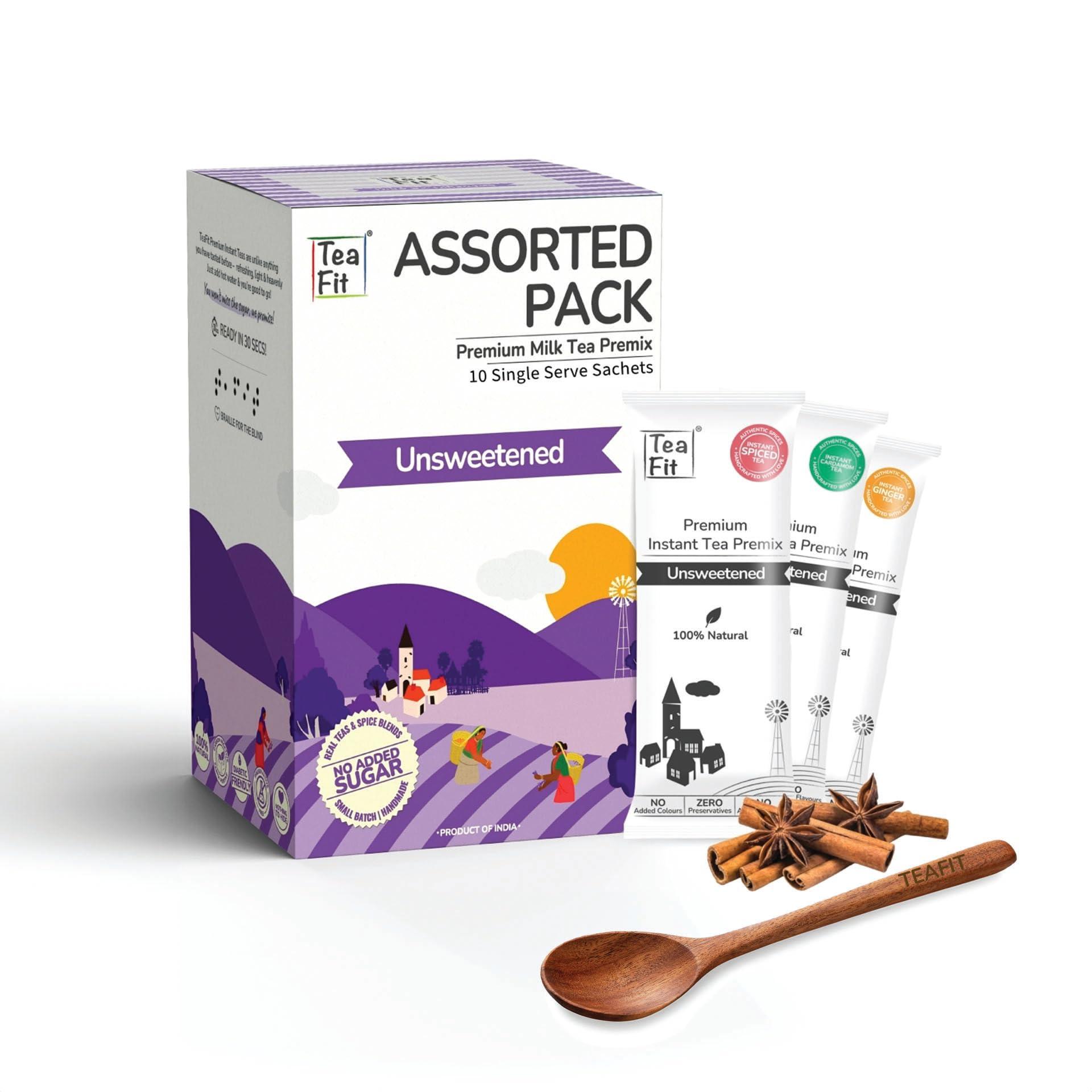 TeaFit TeaFit Premium Zero Sugar Instant Assorted Tea Pack of 24 Sachets (336gm) | Ginger-Cardamom-Masala-Saffron-Lemongrass Instant Milk Tea Premix | Diabetic Friendly | Instant Tea Premix | Tea Powder
