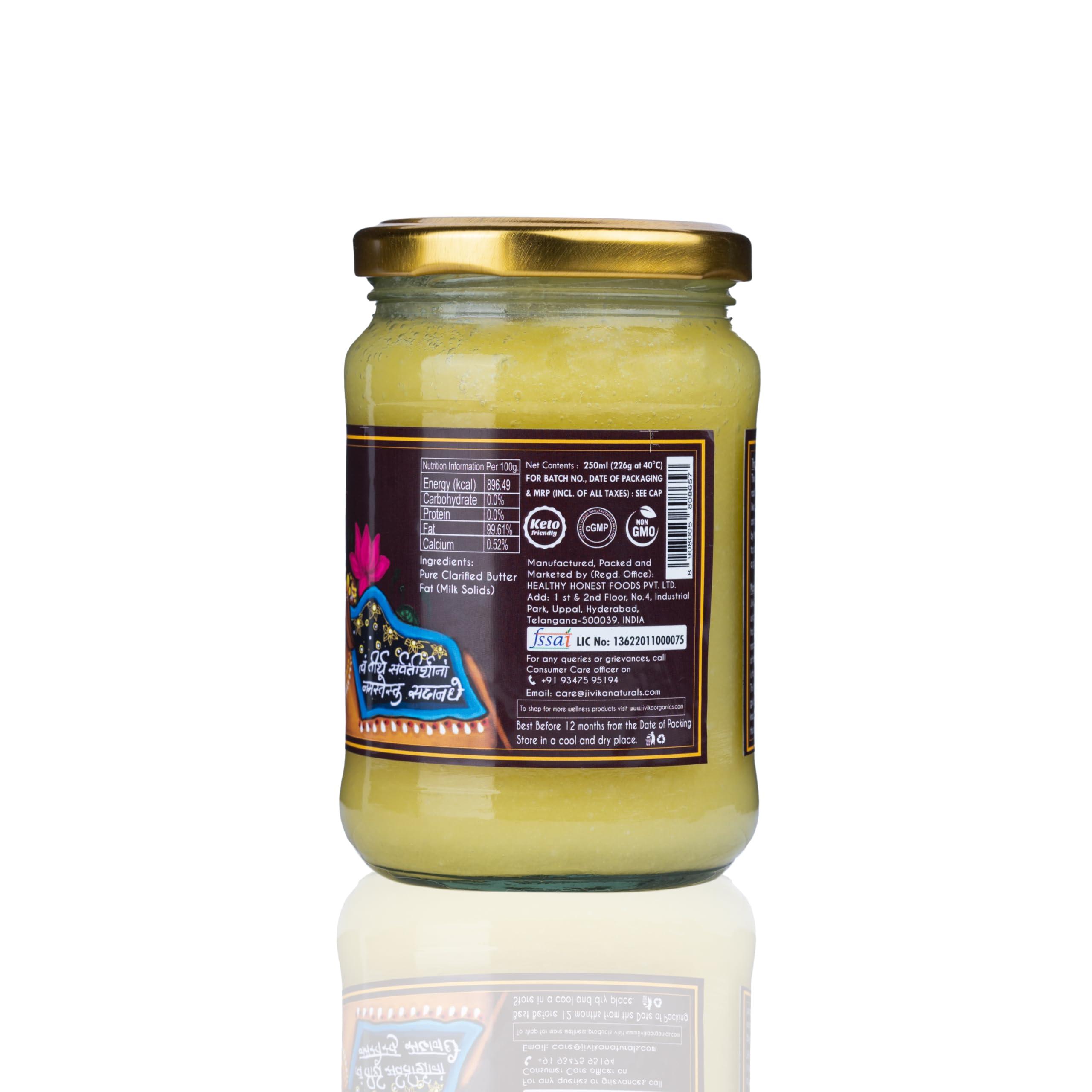 JIVIKA NATURALS Jivika Premium A2 Gir Cow Ghee 250ml | Vedic Bilona Method | Lab Tested | Pure Desi Cow Ghee | Hand Churned Two-way Direction | Churned from Curd | Pure Ghee | Danedar | Glass Jar
