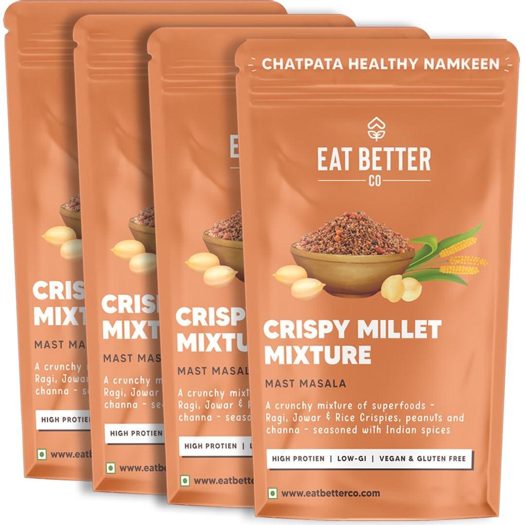 EAT BETTER CO Eat Better Co - Crispy Millet Mixture - Chatapata Healthy Namkeen - Ragi, Jowar, Rice Crispies roasted with Peanuts & Channa (Mast Masala, Super Saver Pack of Four - 400 grams)