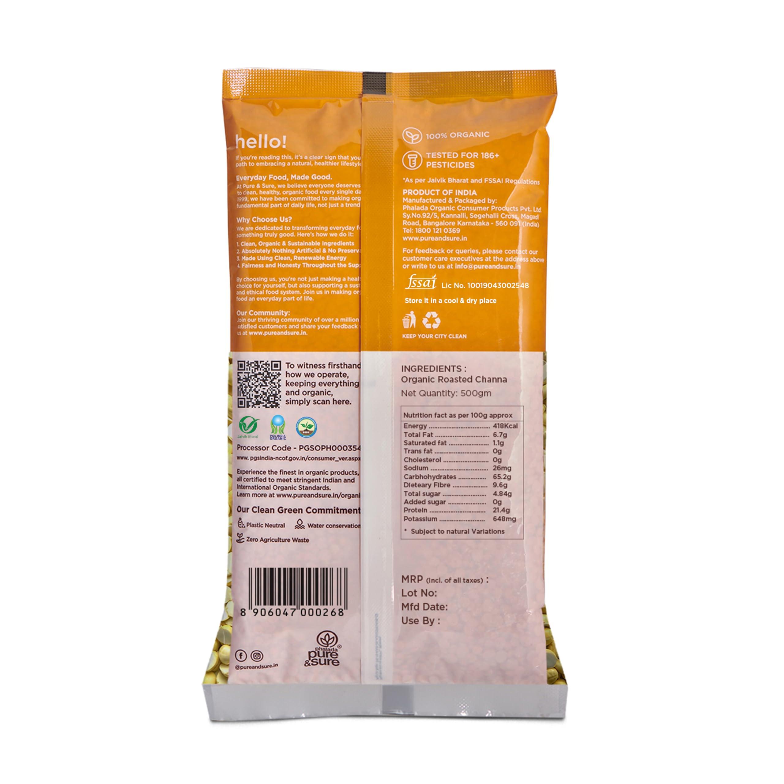 Phalada Pure & Sure Pure & Sure Organic Roasted Chana Dal 500G | 100% Bhuna Chana, Natural & Vegan | Gluten Free | Rich in Protein & Energy Source | No Additives & Pesticides Free