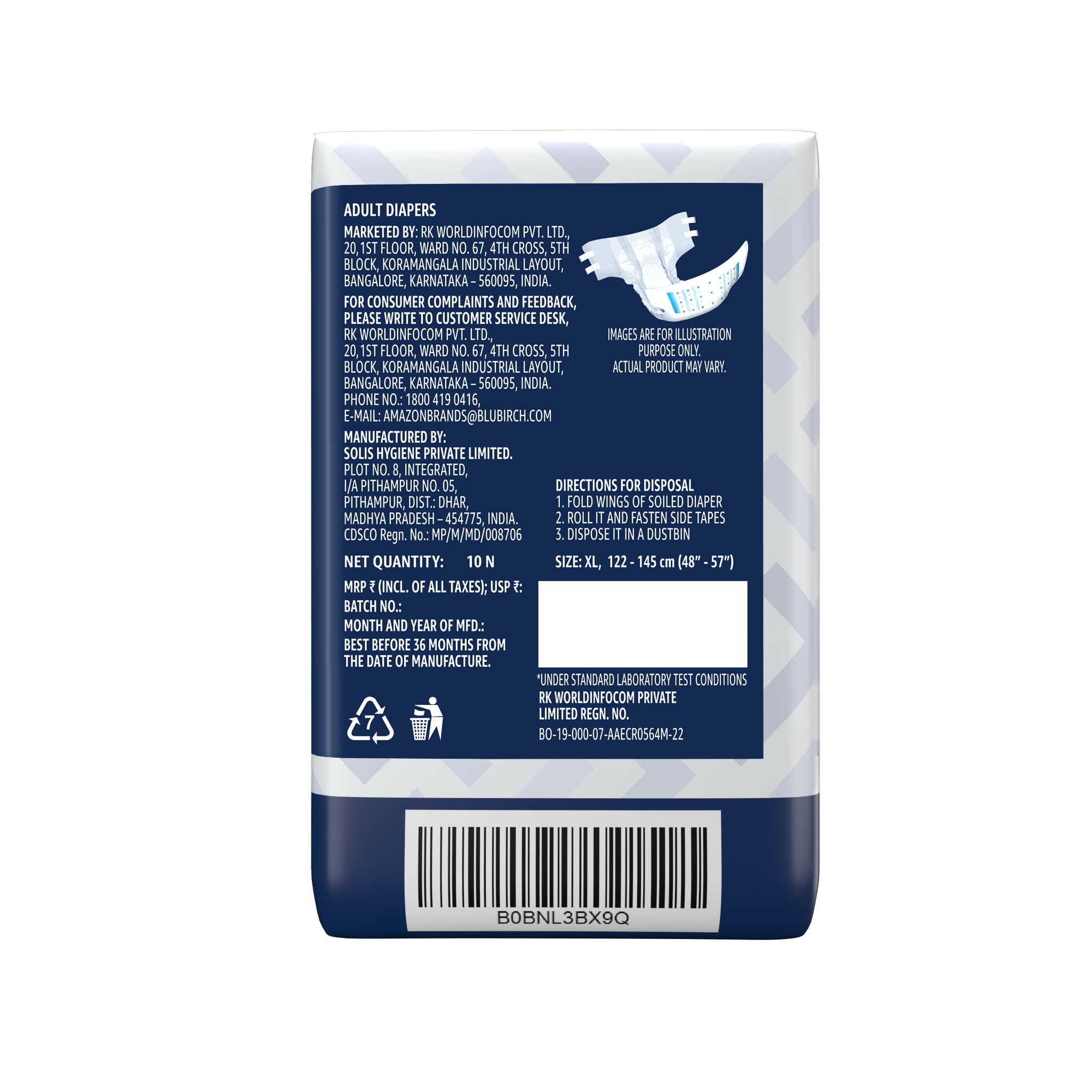 Amazon Brand - Solimo Amazon Brand - Solimo Adult Diapers, Tape Style | Pack of 30 | XL Size | Waist 48-57 in (122-145 cm) | Unisex | Quick Absorption | Leak Proof Upto 12 Hours | Wetness Indicator | For Men & Women