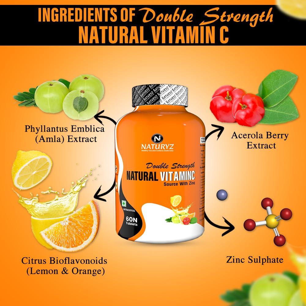 Naturyz Naturyz Double Strength Natural Vitamin C & Zinc Supplement with Amla, Acerola Cherry, Citrus Bioflavonoids rich in Antioxidants for Immunity Support & Skincare pack of 2 (120 Vegetarian tablets)
