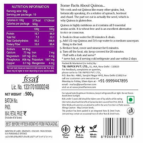 JEWEL FARMER JEWEL FARMER Tricolour Quinoa Gluten-Free Whole Grain with Rich Dietary Fibre, Protein & Calcium, Alternative to Rice & Couscous (500g)
