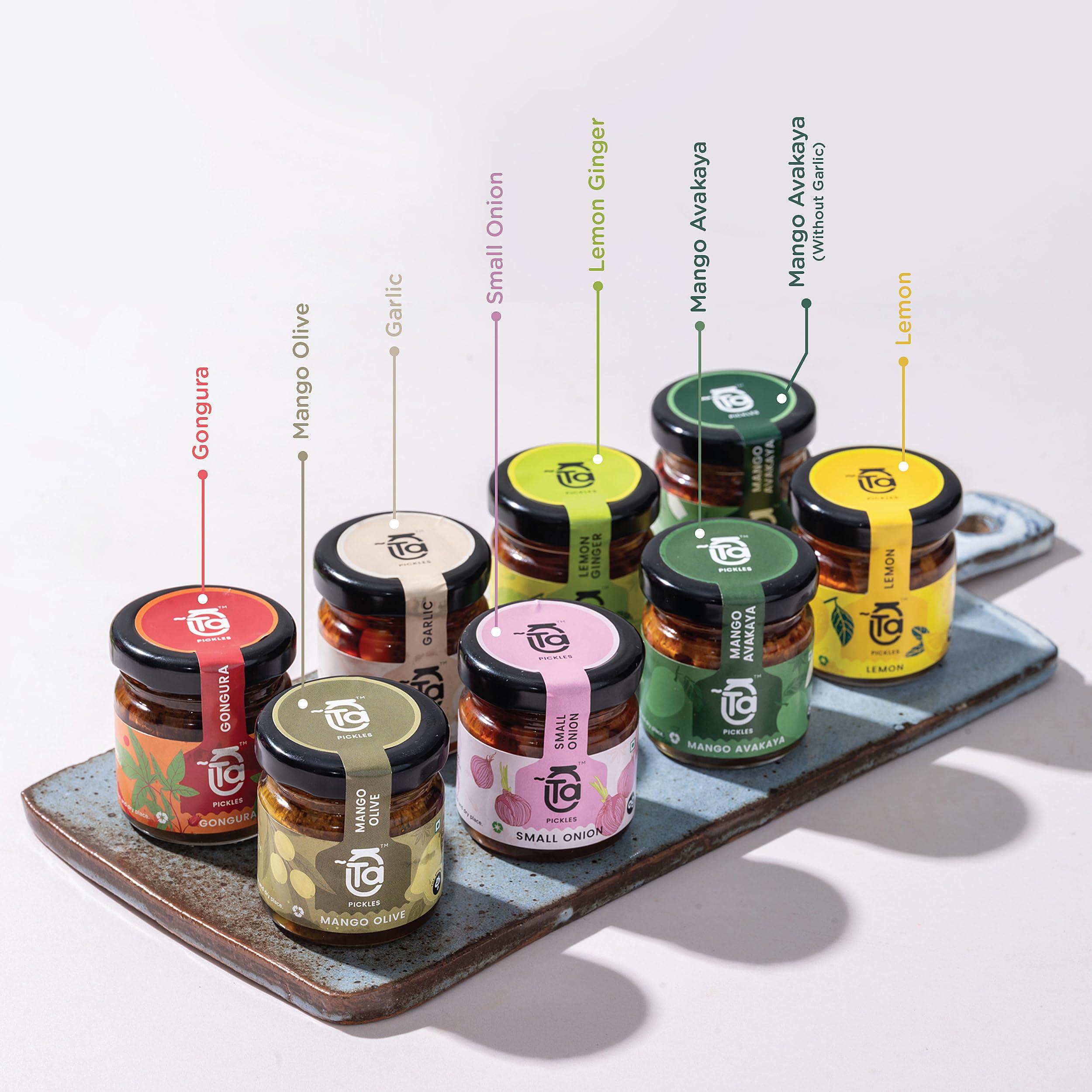 Ta ~Ta Signature Pickle Tasters Gift Pack - Assortment of 8 Flavorful Pickles | Made with Cold-Pressed Oils, Zero Preservatives, 100% Natural - 30g each