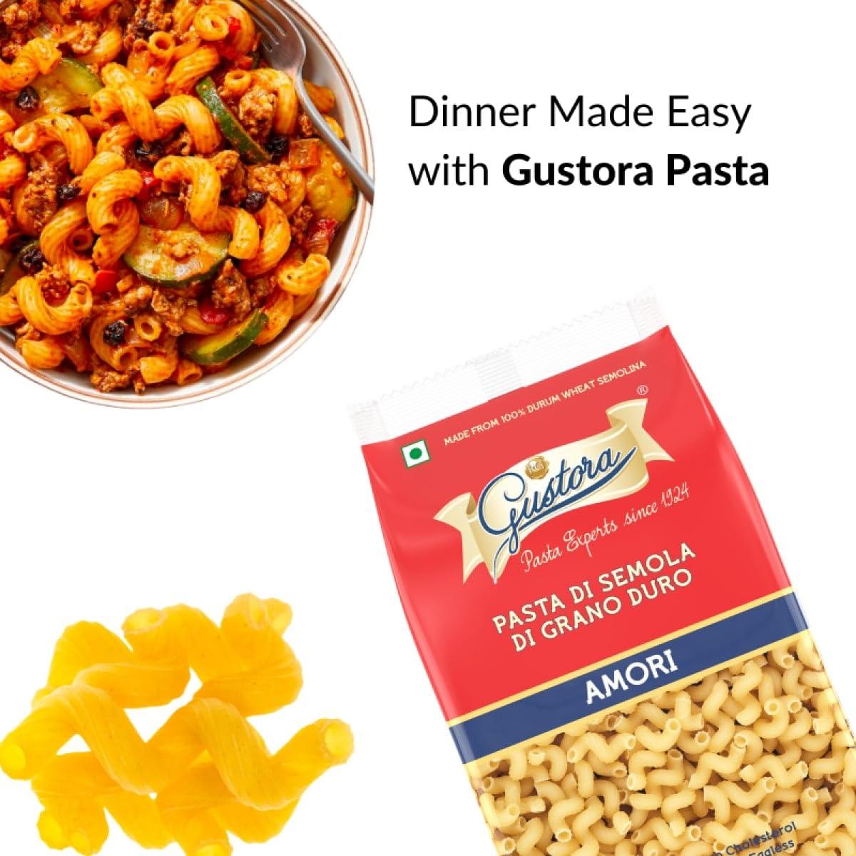 Gustora Gustora Amori Pasta, 500g I Made of 100% Durum Wheat Semolina I Rich in Protein & Fibre I Vegetarian I Zero Cholesterol I No Trans-fat I Cooking Time 10 Minutes - 500G