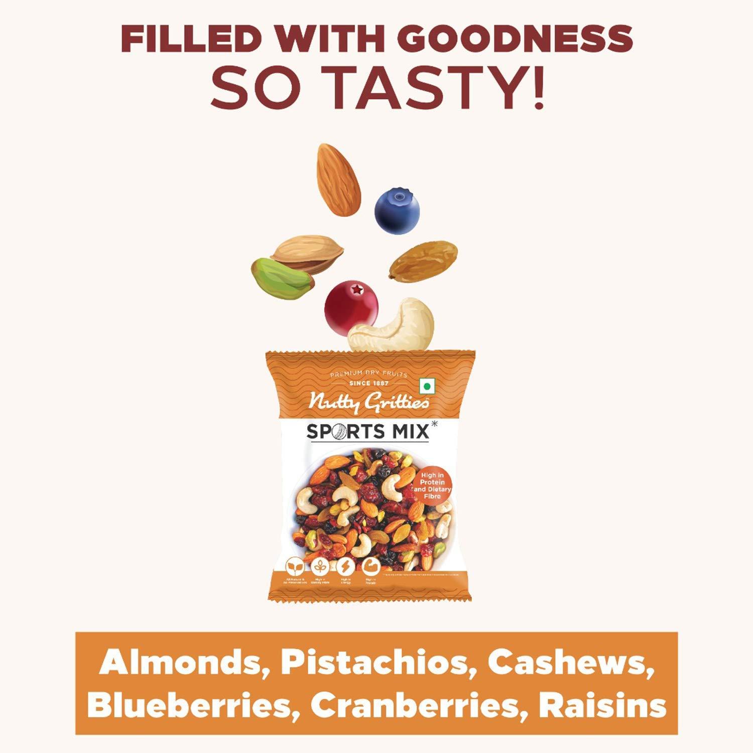 NUTTY GRITTIES Nutty Gritties Sports Mix (Almonds, Cashews, Pistachios, Cranberries, Blueberries, Raisins), Pack of 10-30g Each, 300g