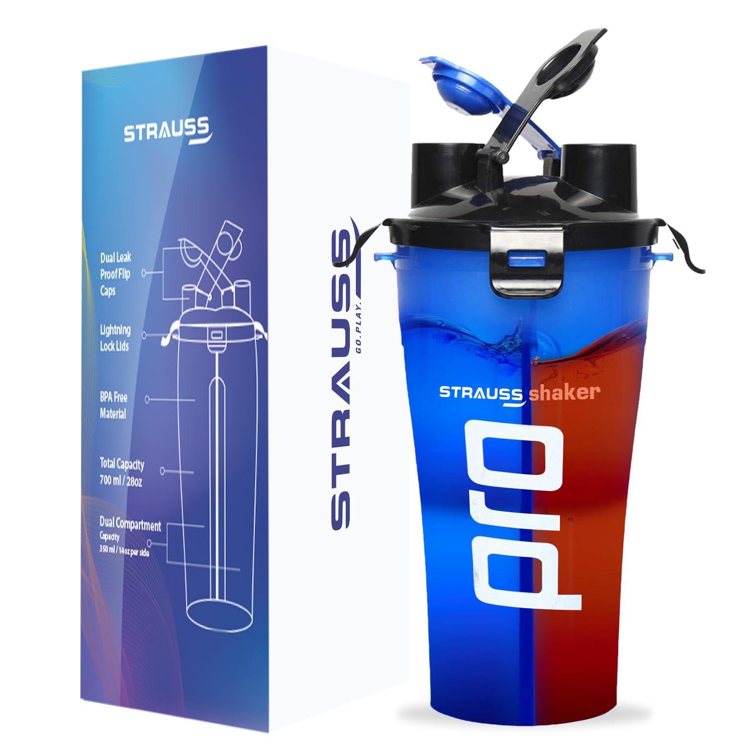 STRAUSS STRAUSS Dual Shaker Pro | Pre & Post Protein Shake On the Go | Leakproof and BPA-Free Material | Dual Shaker Bottle | Protein Shaker Bottle for Gym | Suitable for Both Men and Women, 700ml,(Blue)