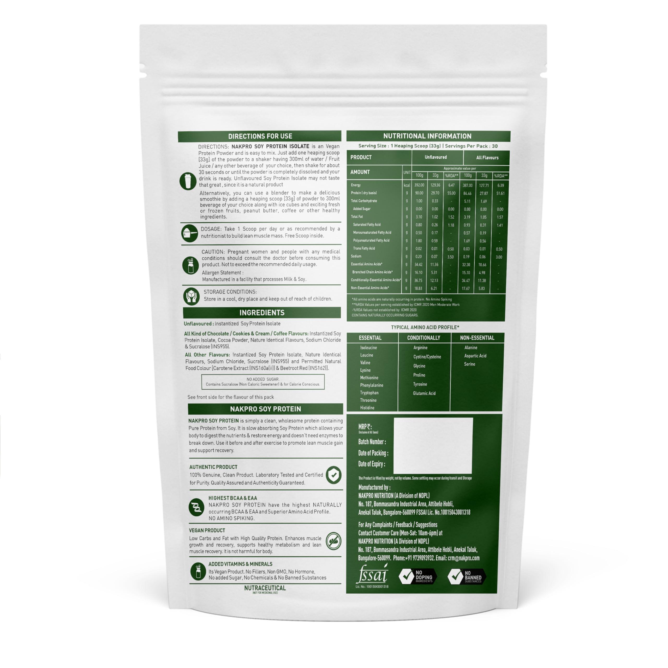 NAKPRO NAKPRO 100% Soy Protein Isolate, Unflavoured - 1kg | 27g Protein, 4.9g BCAA | Natural Vegan Plant Protein Powder | Easy To Digest | All Essential Amino Acids for Muscle Gain and Recovery