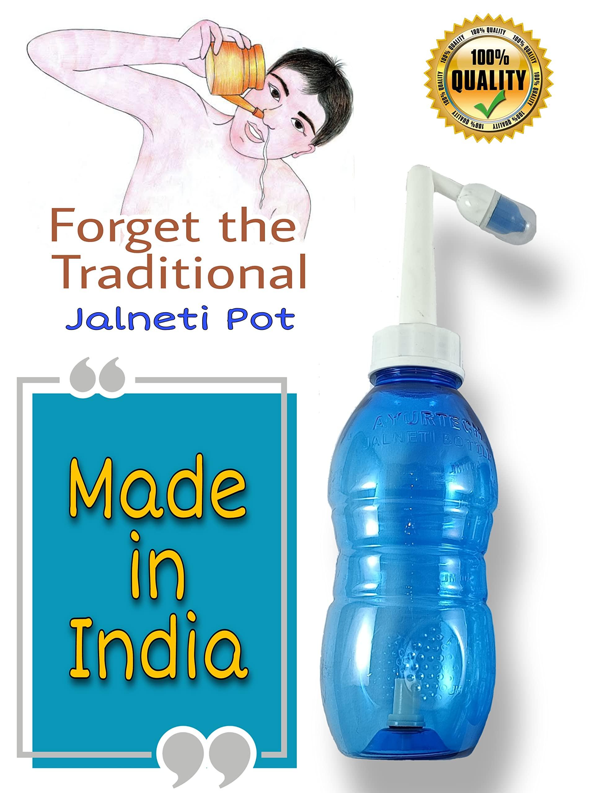 AYURTECH BIOHACKERZ Ayurtech Jal Neti Pot Bottle 300 ML + Nasal Rinse neti Salt with Himalayan Pink Salt and Xylitol FREE 10 satchets ( Worlds Best Jala neti Salt )+ 2 Nozzels with Protecting Cap / Nasal-wash Nose Cleaner Bottle for Adult, Kid , Saline Nasal Spray, Repl