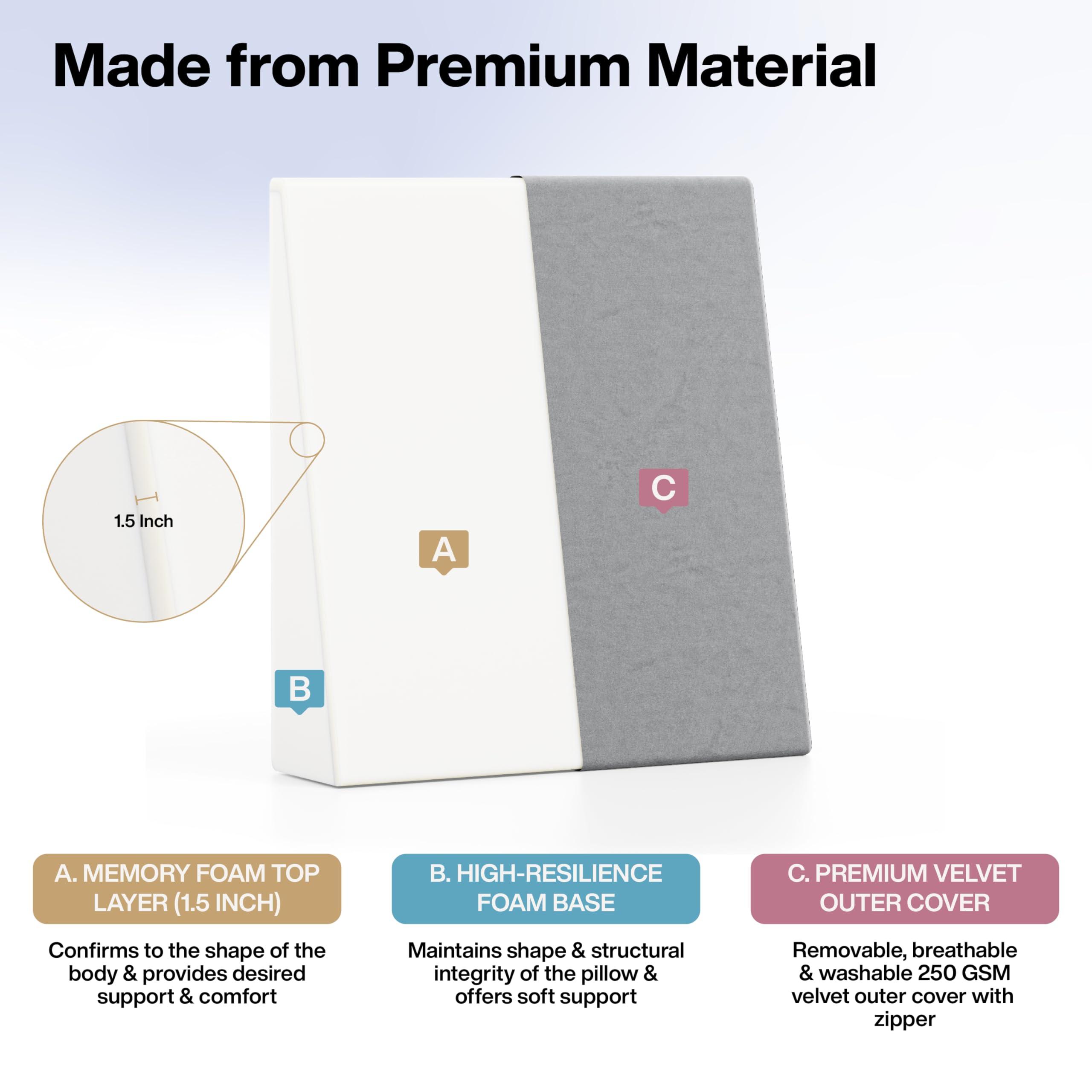 FOVERA FOVERA Wedge Cushion | 2 Years Warranty | Wedge Pillow Memory Foam for Back Support, Acid Reflux, Snoring, GERD, Leg Elevation, Pregnancy (Velvet Grey, Large 7" Height)