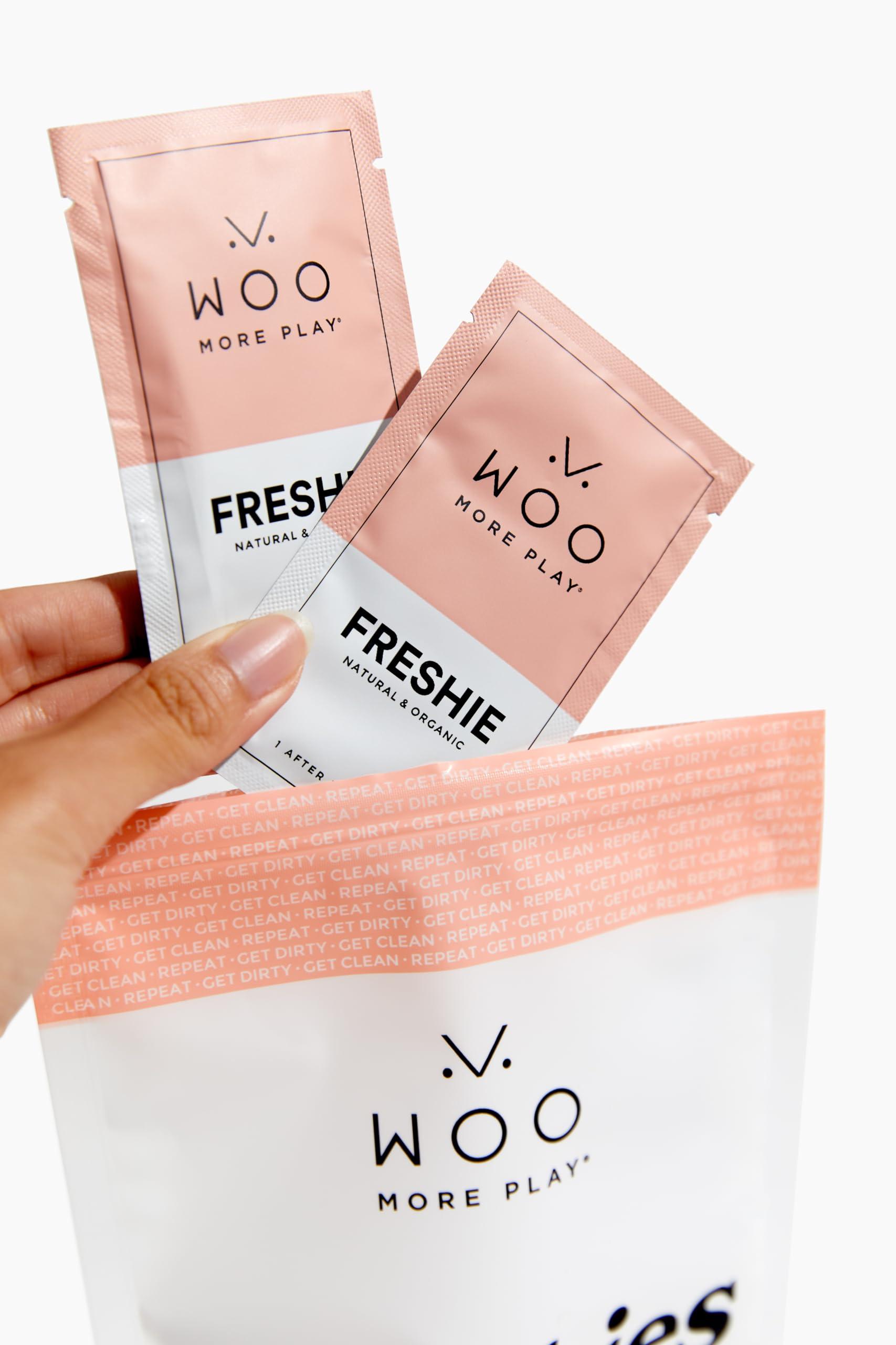 Woo More Play Woo More Play: Freshies - 10ct - All-Natural Towelettes - Refreshing Aroma - Vitamins, Antioxidants, and Antibacterial - Promotes Healthy Skin - Reduce Risk of Inflammation/UTIs