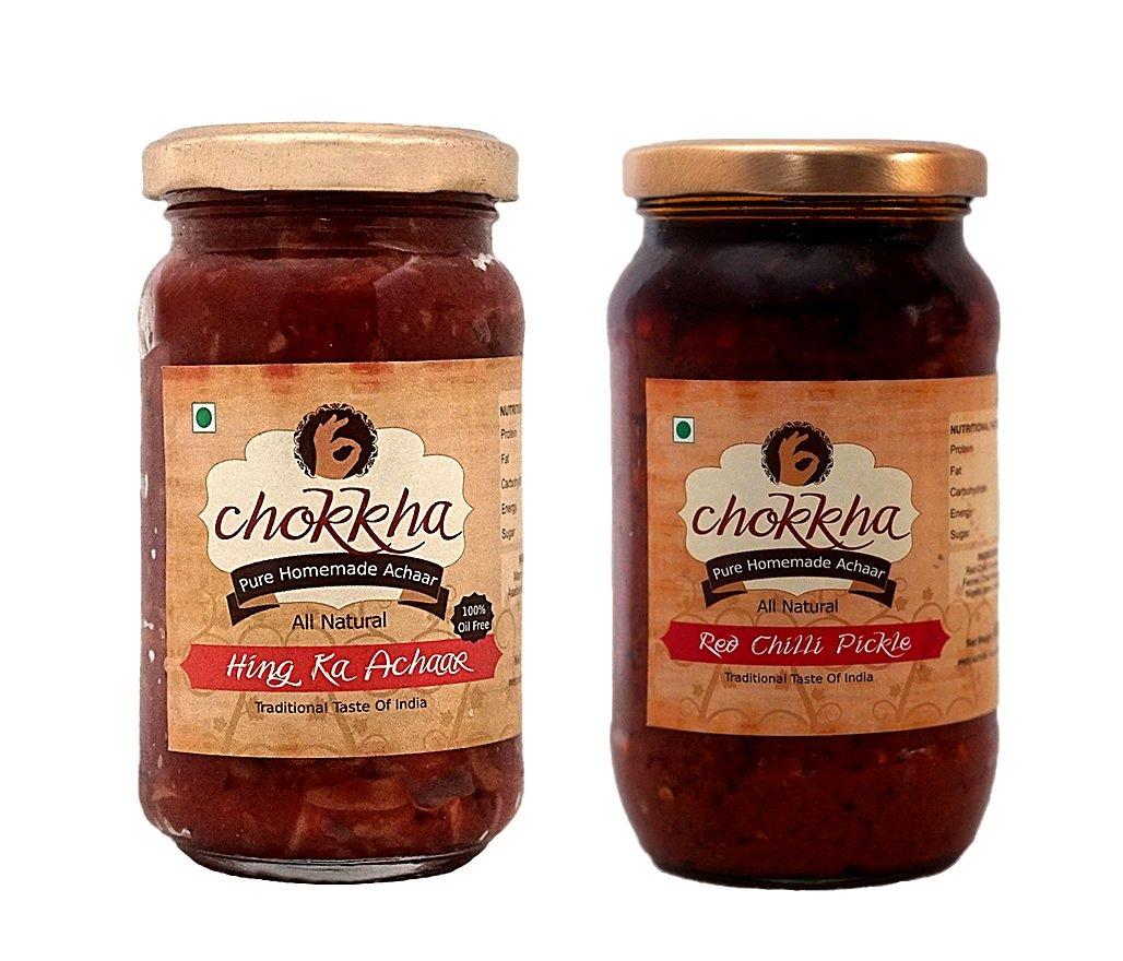 Chokkha Chookha Traditional Homemeade Hing Mango & Red Chilli Pickle (Hing Aam Lala Mirchi) | No colour Added | Vegan | 100% Oil-Free | Combo of 2 | 200 Gm Each
