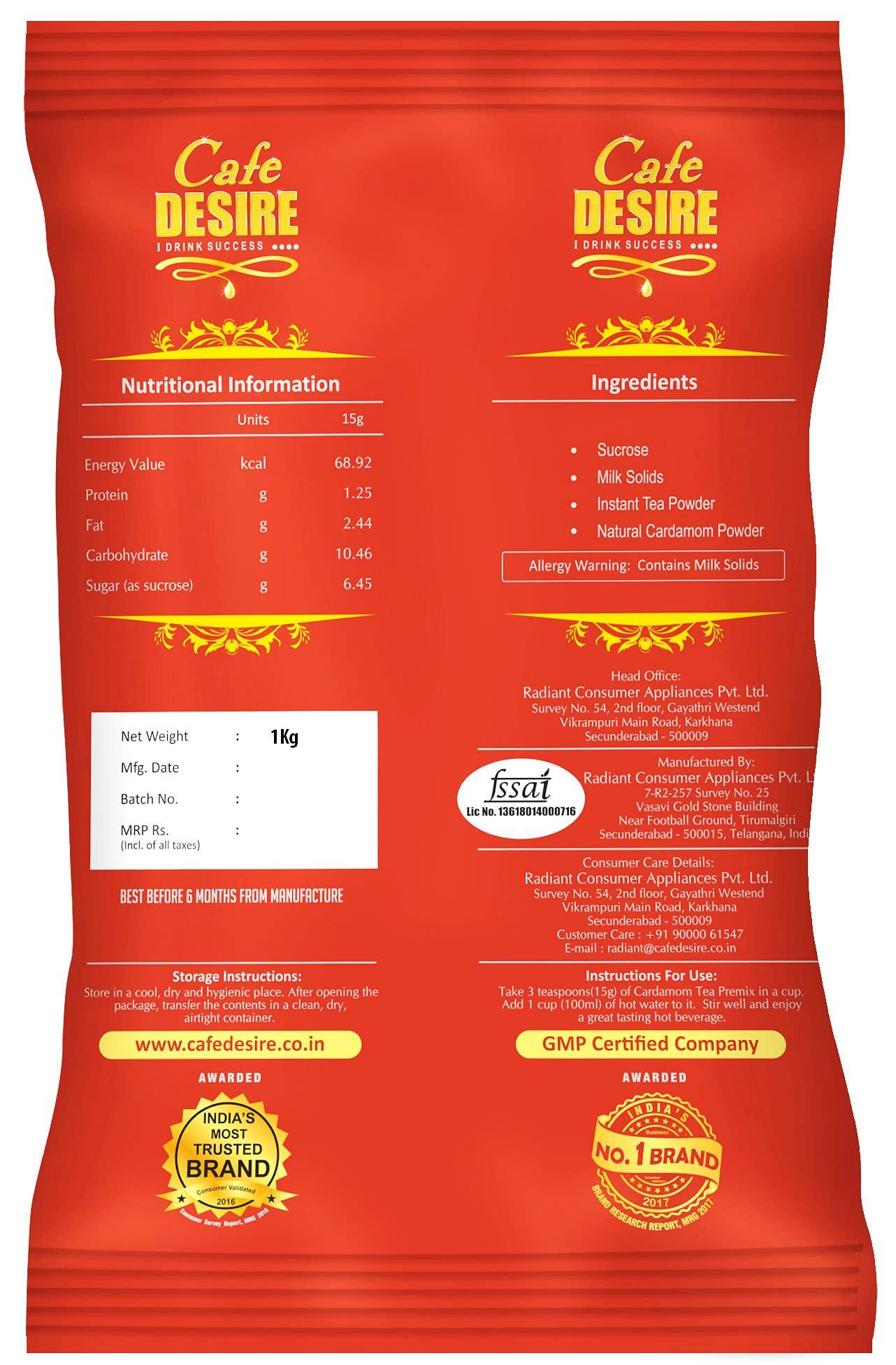 Cafe DESIRE I DRINK SUCCESS Cafe DESIRE I DRINK SUCCESS Instant Cardamom Red Range Darjeeling, Powder Tea Premix (3 Kg)|Pack Of 3 X1 Kg|Makes 250 Cups|Rich Taste As Home-Made|3 In 1 Instant Tea Premix|Just Add Hot Water