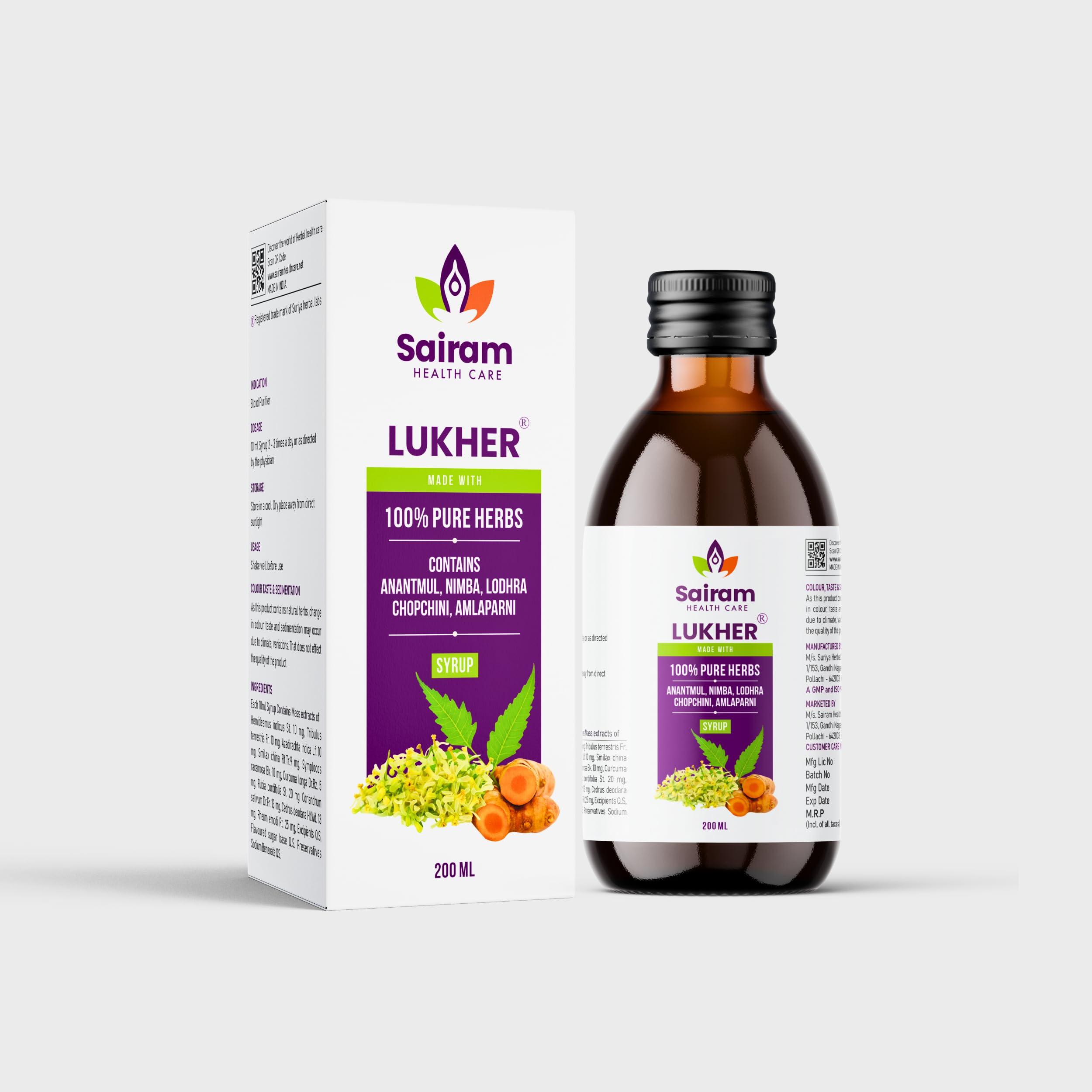 LUKHER Lukher Syrup for Blood Purifier - Ayurvedic Syrup for Acne & Pimples, Skin Blemishes, Boils, and Skin Allergies - Natural Supplements Composed of 100% Pure Herbs (200 ml (Pack of 1))