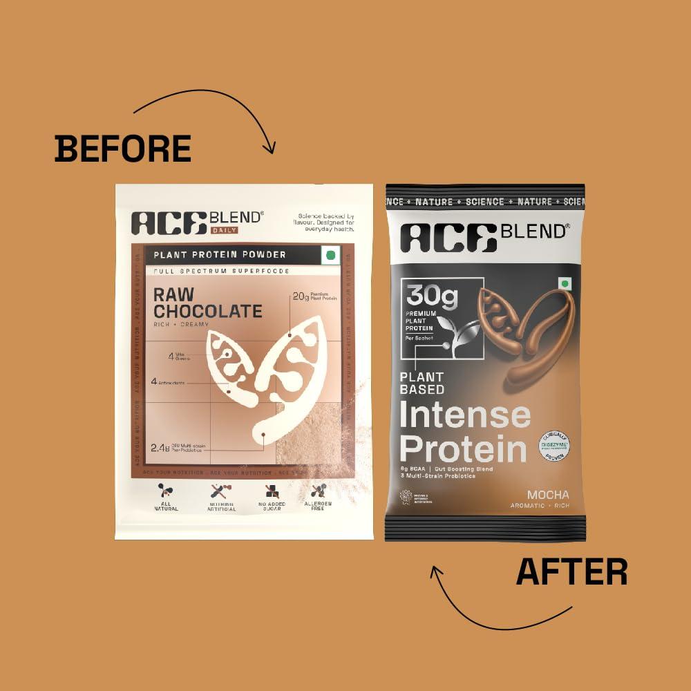 Ace Blend Ace Blend Intense 30G Plant Protein (15 Servings) | Pea & Brown Rice Isolate | 6G BCAA | Complete Amino Acid Profile | Gut Friendly | Muscle Growth & Recovery | Men & Women | Mocha Flavour