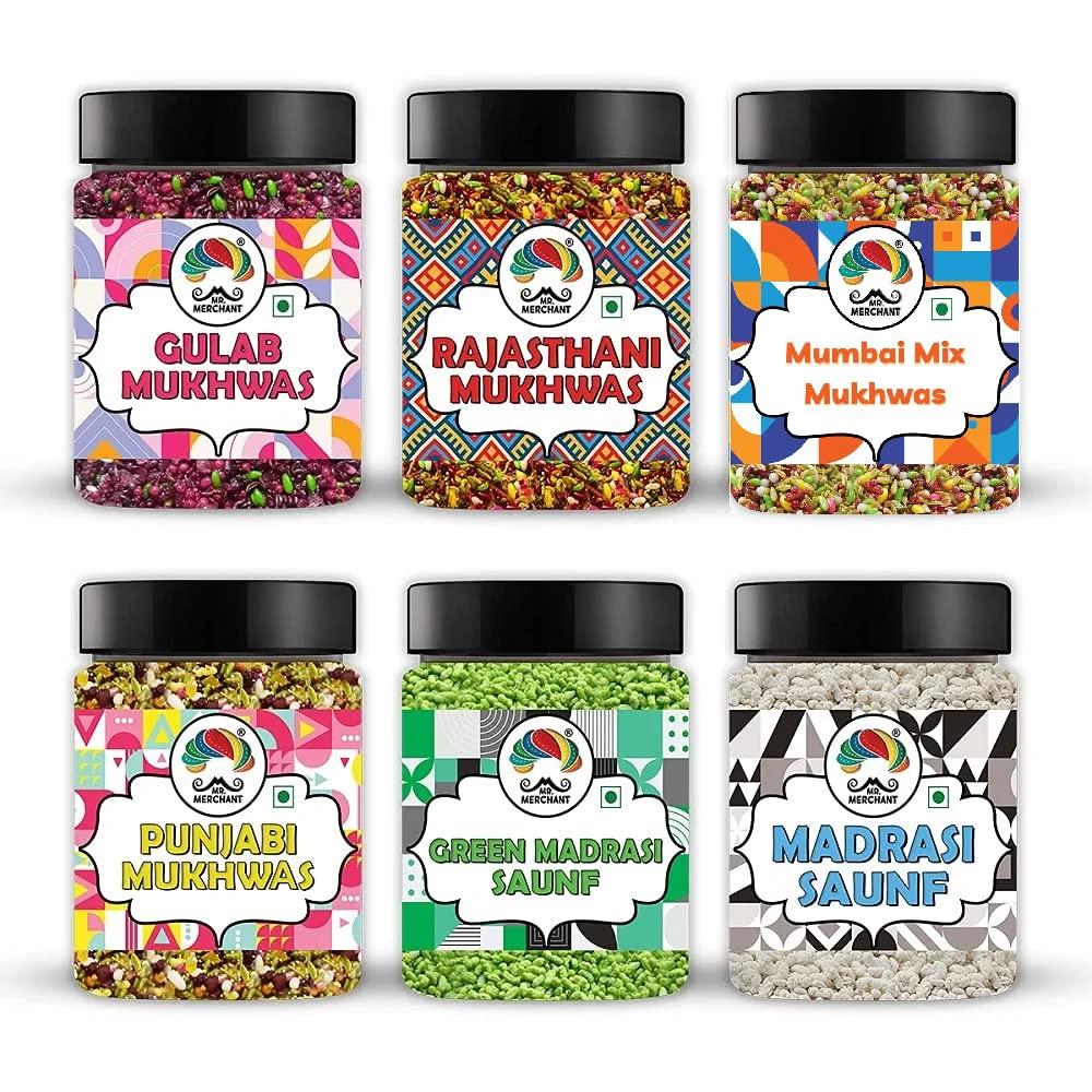 Mr. Merchant Mr. Merchant Mouth Freshener Mega Combo Gulab Mukhwas, Rajasthani Mukhwas, Mumbai Mix Mukhwas, Punjabi Mukhwas, Green Madrasi Sauf , White Madrasi Sauf (Pack of 6), 1.8 kg