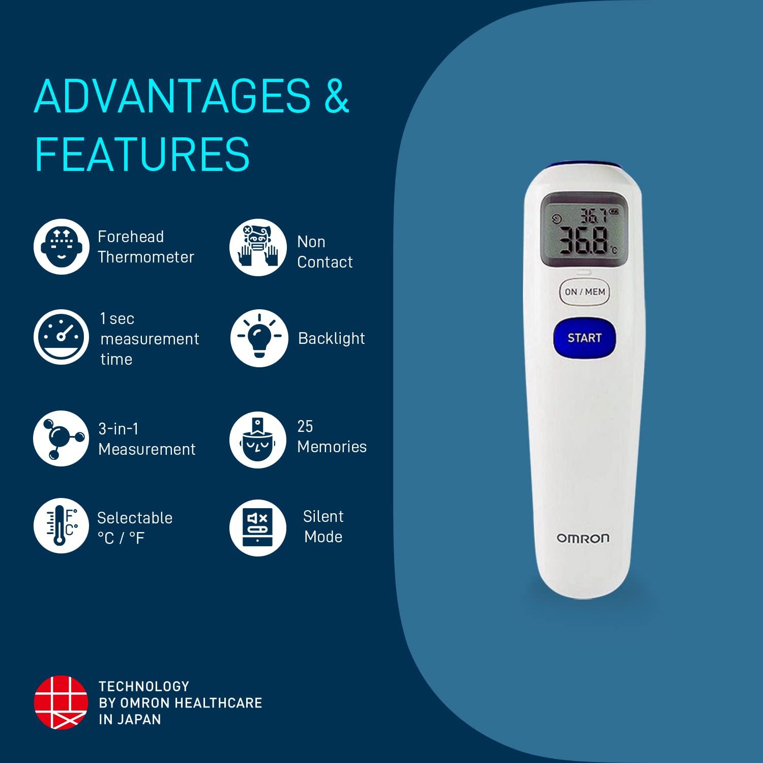 Omron Omron MC 720 Non Contact Digital Infrared Forehead Thermometer With 1 Second Quick Measurement, 3 in 1 Measurement Mode, Auto On/off & Backlight, White, (MC-720_Omron _AW)
