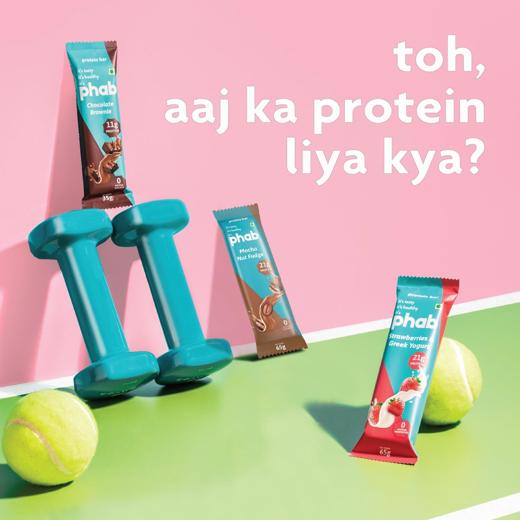 Phab Phab Assorted (Chocolate Brownie, Mocha Nut Fudge, Strawberries & Greek Yogurt) 21G Protein Bars (Pack Of 6), Fitness & Immunity With Goodness Of Dates-390 Gram