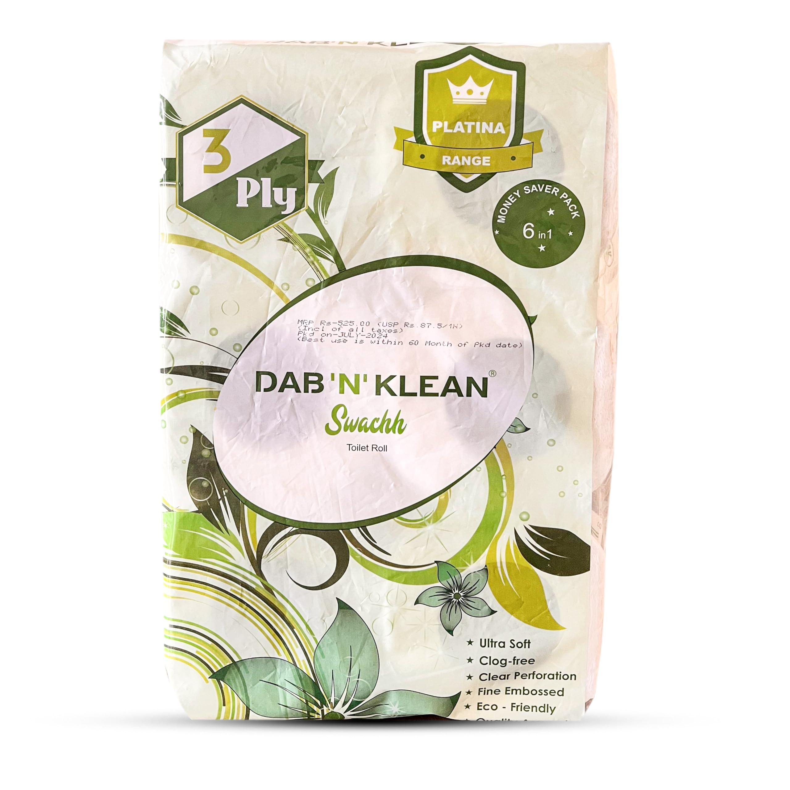 DAB N KLEAN Dab N Klean - Toilet Paper Roll - 1800 Pulls - (300 Sheets x Pack of 6) - 3 Ply - Soft Toilet Tissues - Home Hygiene