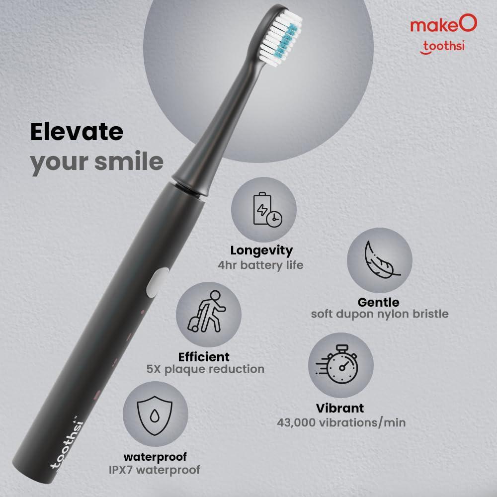 Toothsi Toothsi Electro i6 Smart Electric Toothbrush | Charcoal Black | 3 Cleaning Modes | IPX7 Waterproof & 5X plaque reduction | Sonic Technology, Dupont Soft Bristles, & Smart Timer | Rechargeable