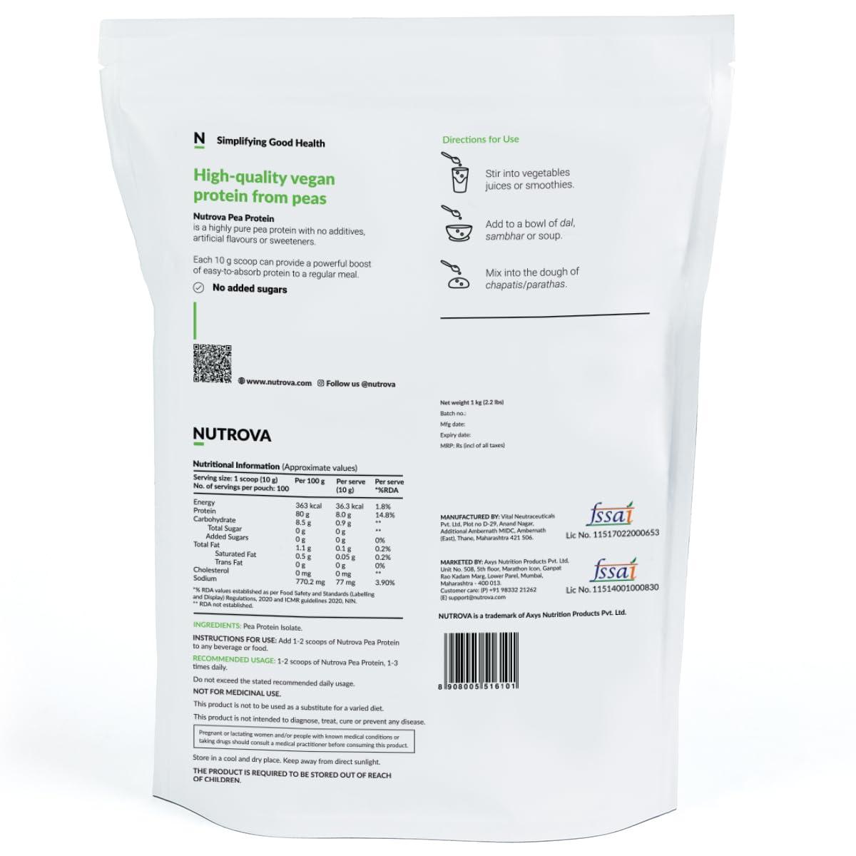 NUTROVA NUTROVA Pea Protein Powder, Vegan Protein Isolate 1 Kg | No Added Sugar, Artificial Sweeteners or Flavours | Vegan & Gluten-free | 80% protein content, 8g protein every 10g scoop