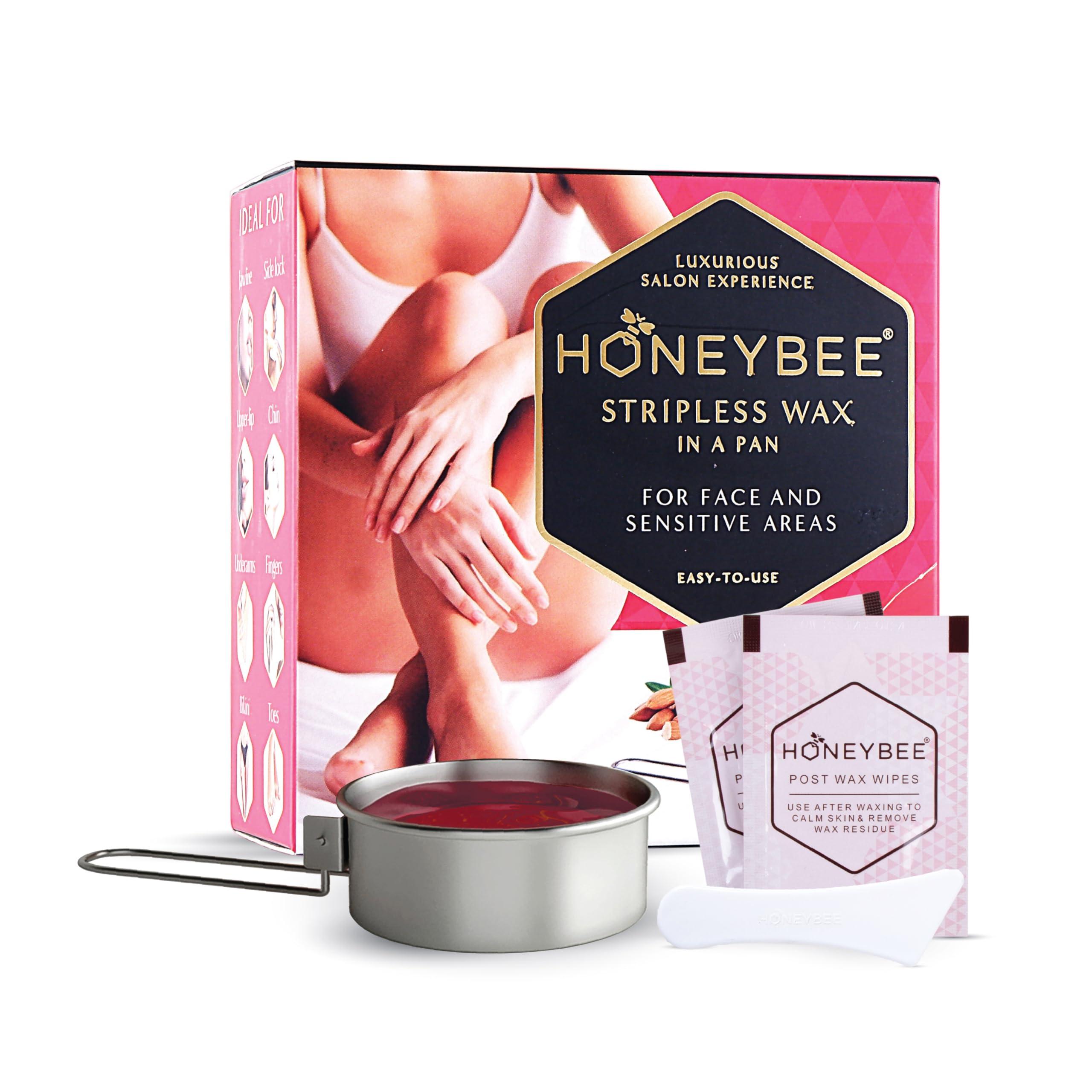 HoneyBee HoneyBee Stripless Katori Wax For Face|Pan Wax With Handle For Face, Upper Lip, Chin, Jaw, Underarms, Bikini And Brazilian|For All Skin Type|No-Strip Wax At Home|Post Wax Wipes|Spatula|120 Gm, Women