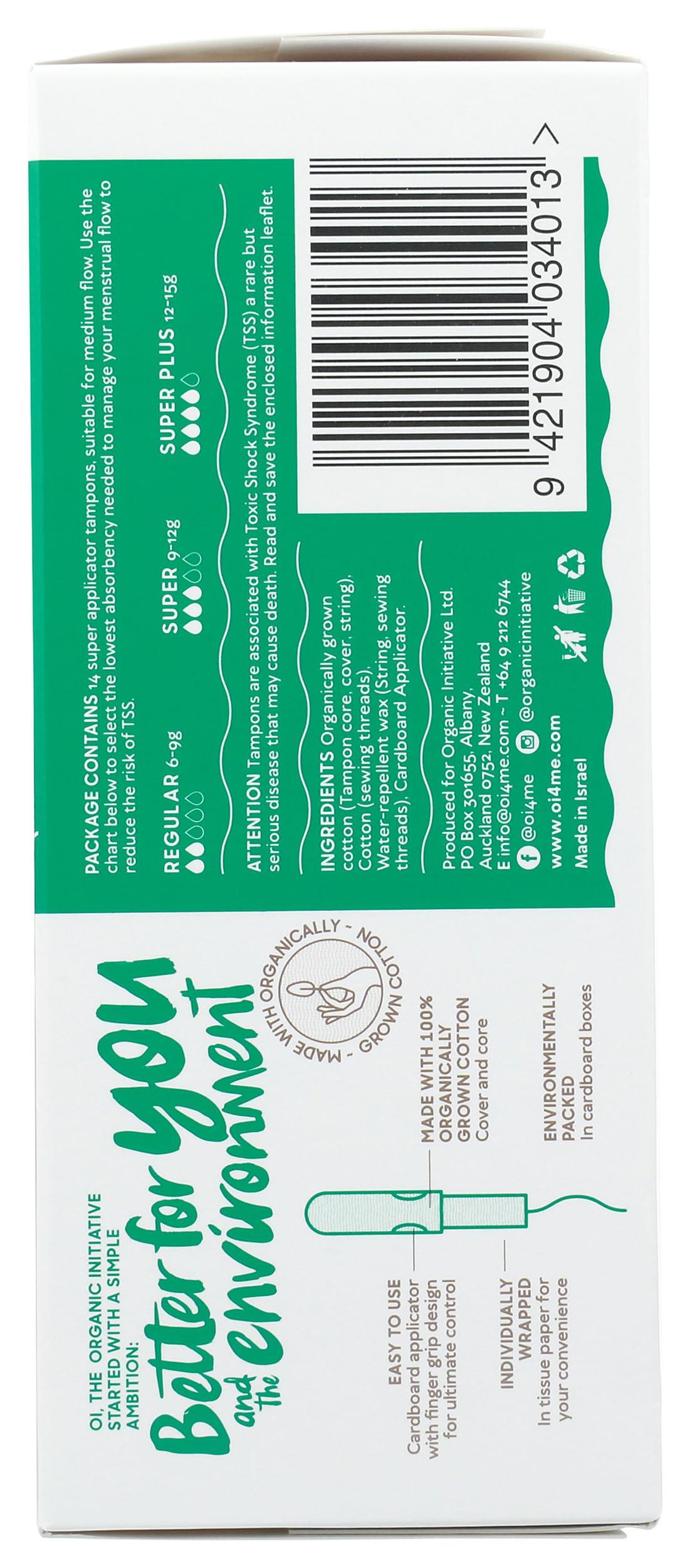 oi Oi Organic Cotton Applicator Tampons Made with 100% Biodegradable Materials - Super 14 Count - Hypoallergenic Tampons for Leak-Free Periods with Ultimate Natural Absorbency, Comfort, and Confidence