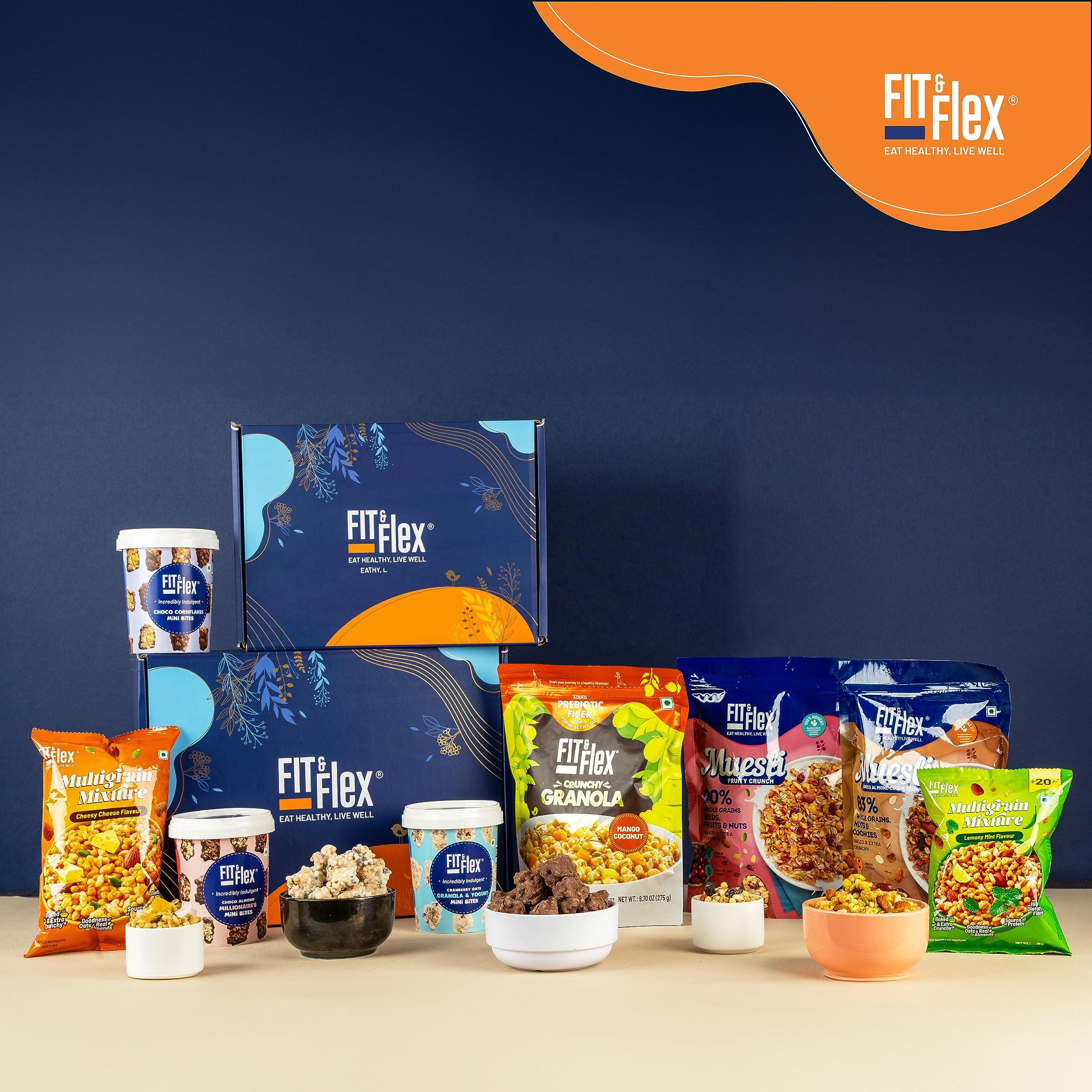FIT & FLEX Fit & Flex Healthy Gift Box For Rakhi, Assorted Pack of Premium Snacks (Granola, Muesli, Chocolates & Namkeen) | As Seen on Shark Tank India | Pack of 8