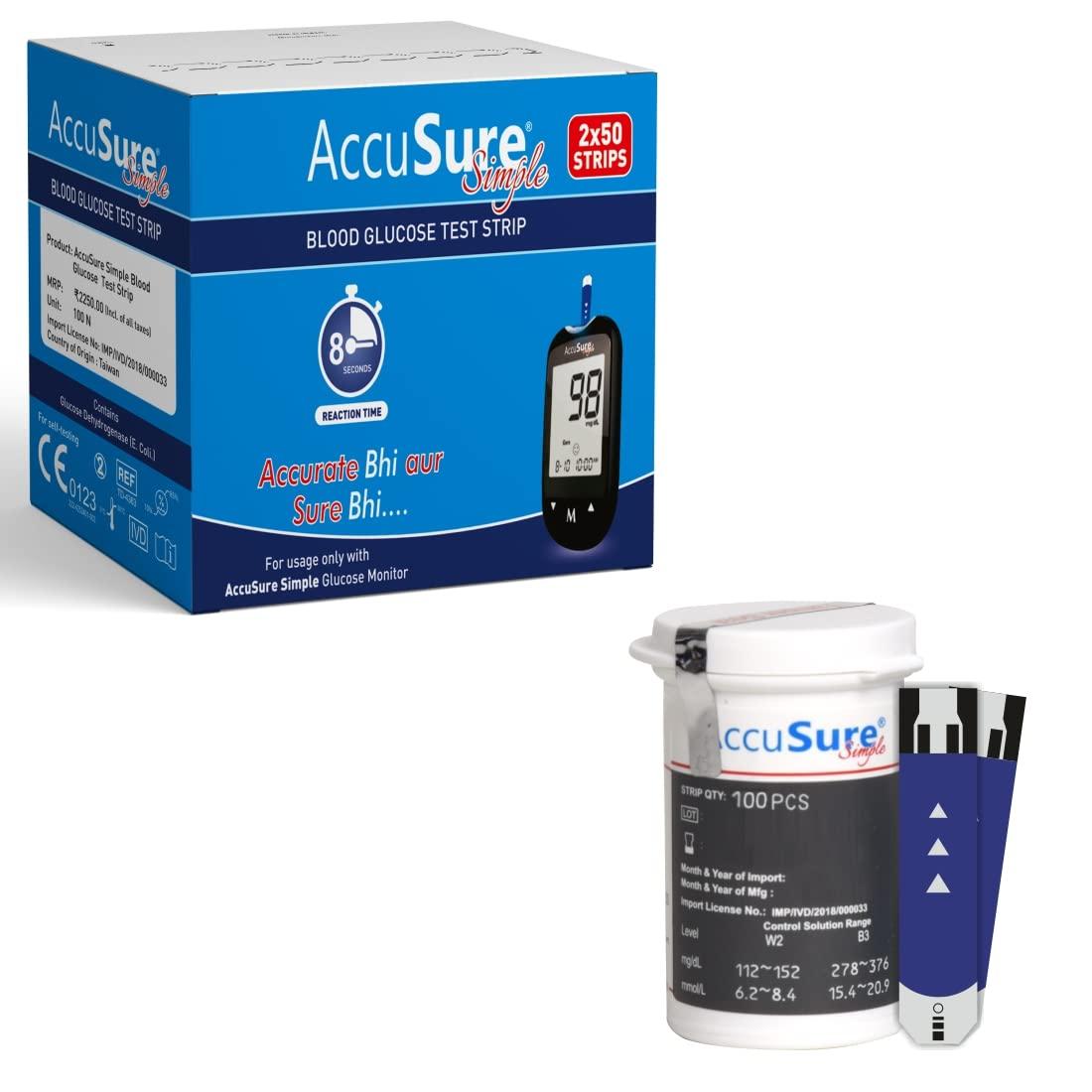 AccuSure AccuSure Simple Blood Glucose Test 100 Strips, 2 X 50 Test Strip (Multicolor)