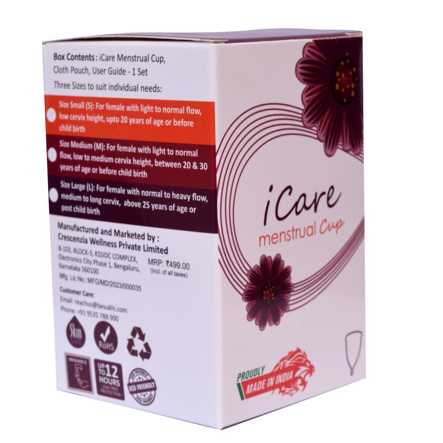 icare iCare Reusable Menstrual Cup for Women with Pouch, odour and Rash Free, No Leakage, Protection up to 12 Hours (Small, Transparent)
