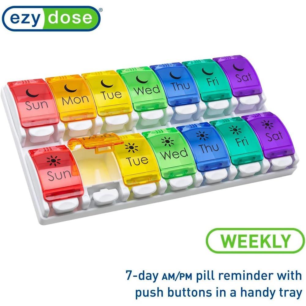 EZY DOSE Ezy Dose 7-Day Pill Organizer Box | 2 Times a Day, AM PM | Extra Large Compartments | Rainbow Lids | FDA Registered