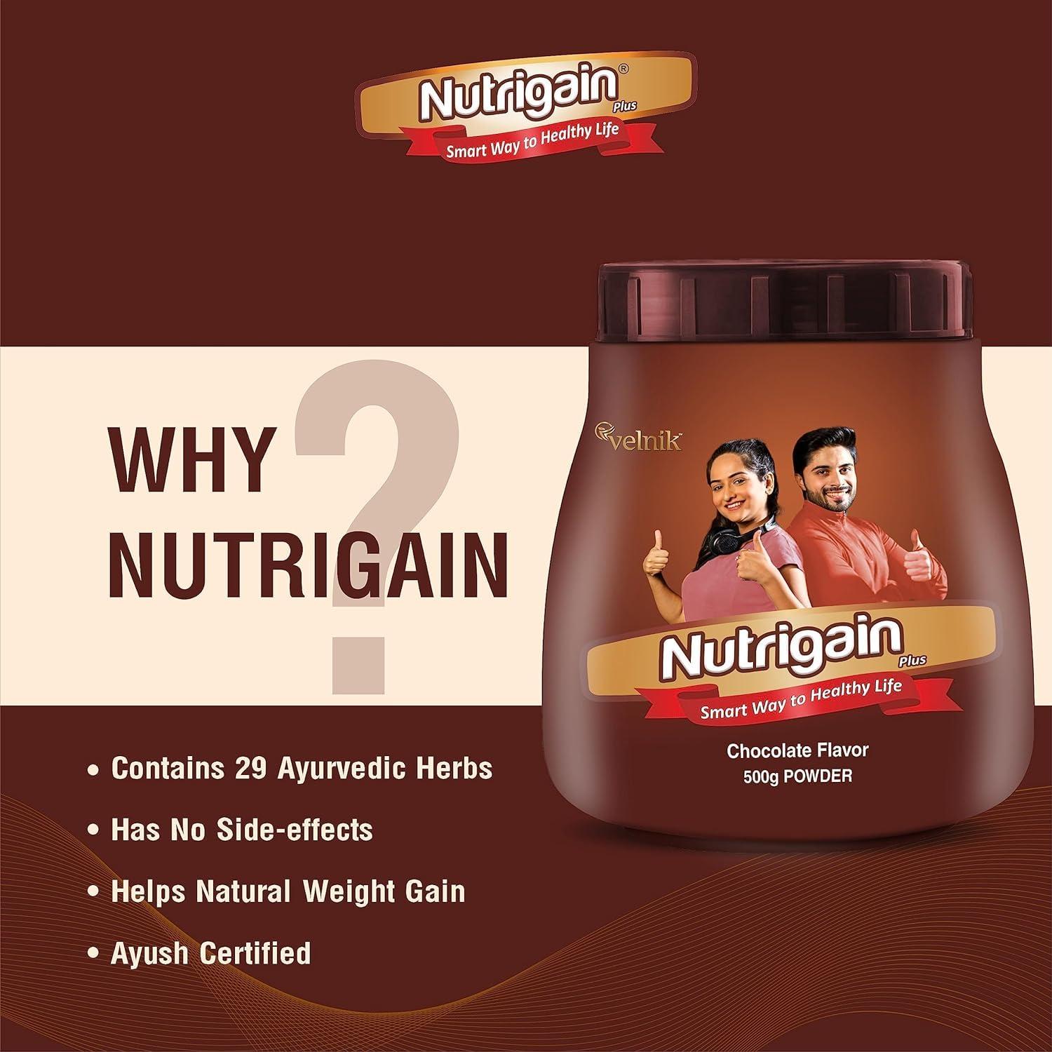Nutrigain Plus Nutrigain Plus Ayurvedic Weight Gainer Supplement Powder for Women and Men Chocolate Flavour 500 gm (pack of 2)