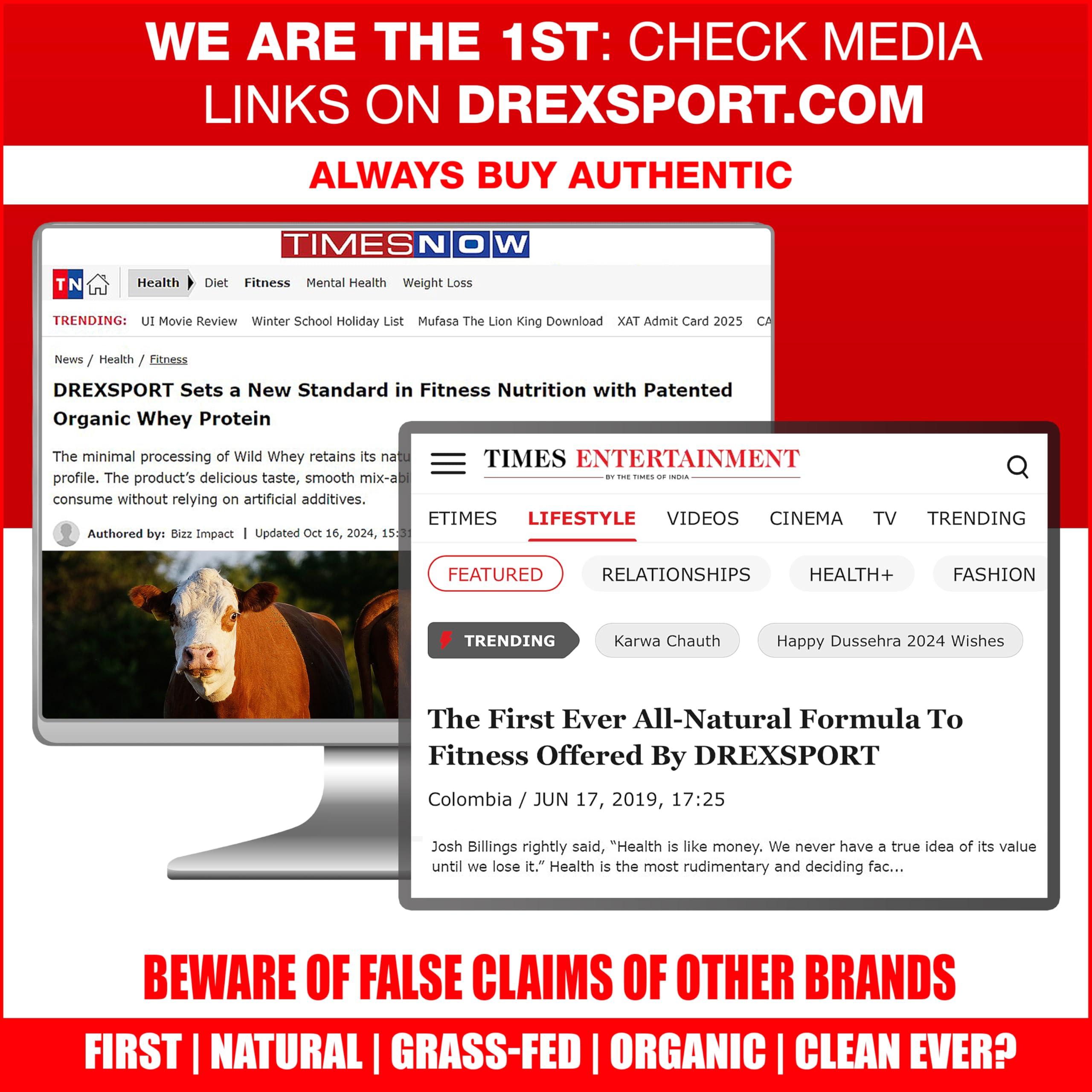 DREXSPORT DREXSPORT Wild Whey Protein Powder - Organic Isolate Blend Based on Grass-Fed Cows Whole A2 Milk - Premium, All-Natural and Chemical-Free (Chocolate 800g Net, 1kg Pack)