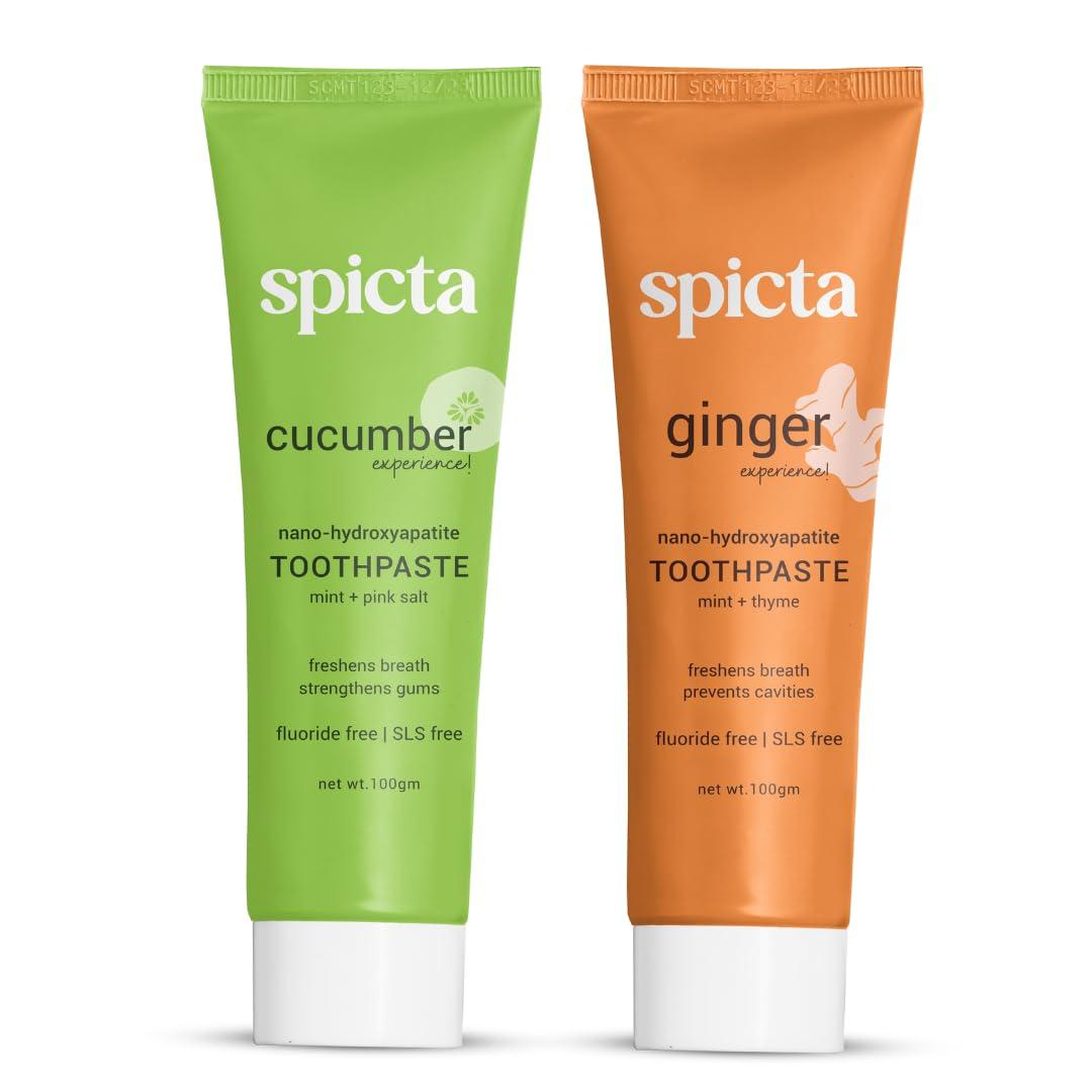 SPICTA Spicta Cucumber Mint & Ginger Mint Natural Hydroxyapatite Toothpaste | Teeth Whitening, Removes Bad Breath, Tartar, Plaque I Herbal, Fluoride Free, SLS Free Toothpaste for Adults & Kids | Pack of 2