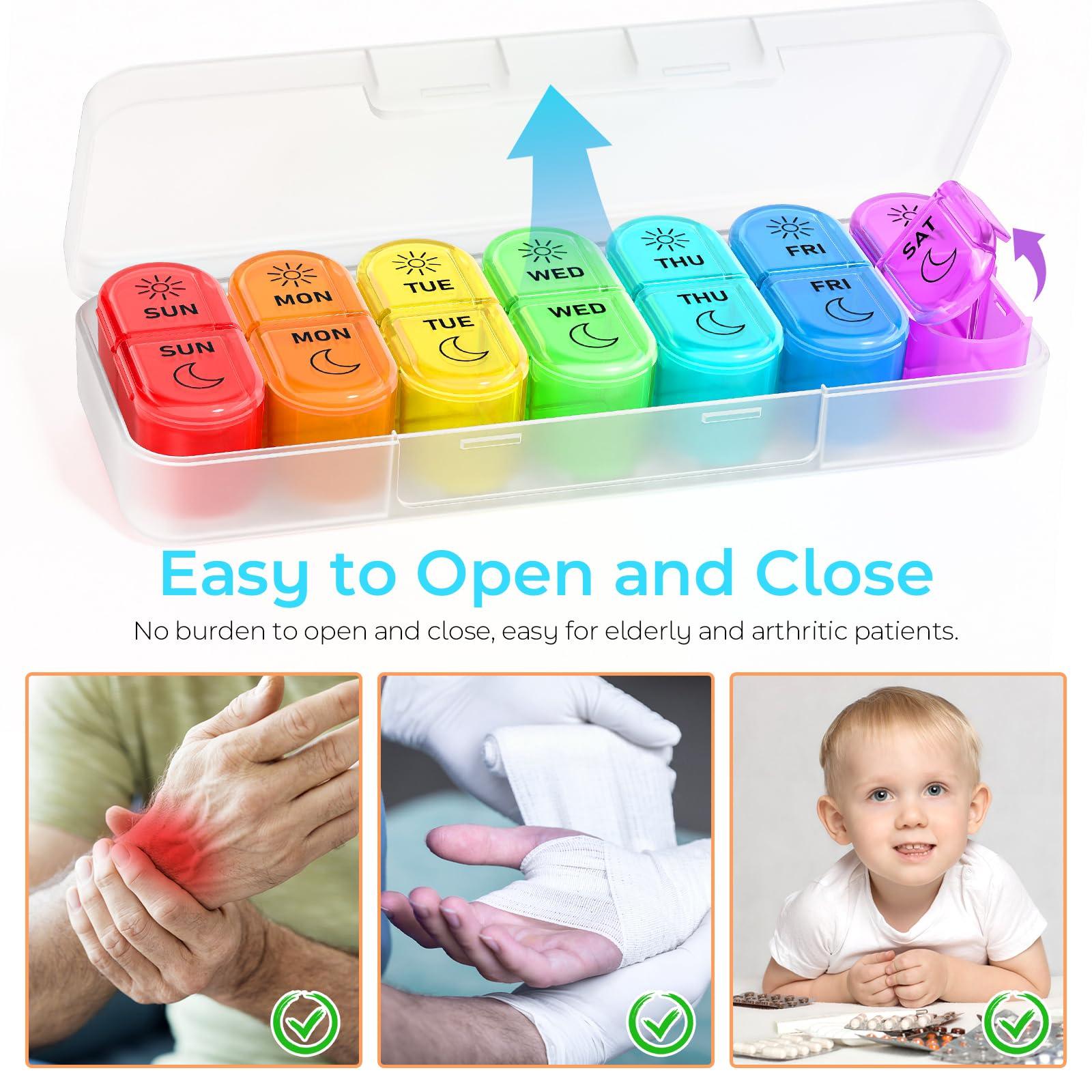 Windtrace 7 Days AM PM Pill Organizer - 2 Times a Day Large Weekly Pills Case, BPA-Free Pills Box Container Cases, Morning and Night Pill Boxes with Unique Push-Button Pop Open Design Hold Vitamin, Medicine