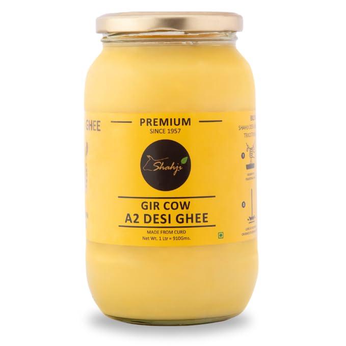 SHAHJI Shahji Pure A2 Gir Cow Desi Ghee 1L Glass Jar | Crafted with Vedic Bilona Method from 100% Desi Gir Cow Milk | Grassfed, Premium, and Traditional Ghee to Boost Immunity and Digestion | Lab Tested for Quality | Maa Ke Hath Ka Ghee | Serving Since 1957