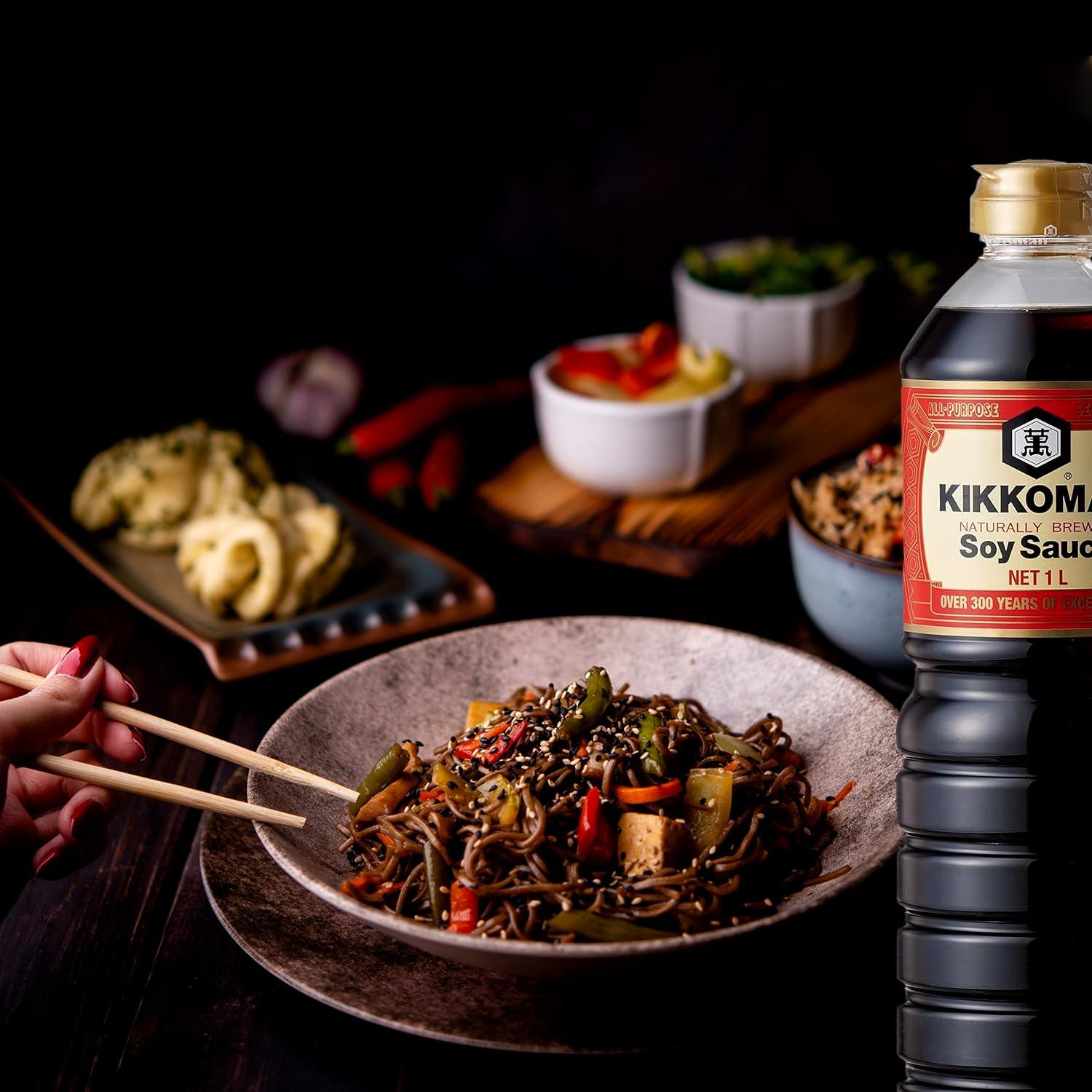 Kikkoman Kikkoman Naturally Brewed Soy Sauce - 1 Litre | Made in Japan, All Purpose Seasoning - 4 ingredients- Soy Beans, Salt, Water, Wheat | Vegetarian, No Added Colour or Preservatives