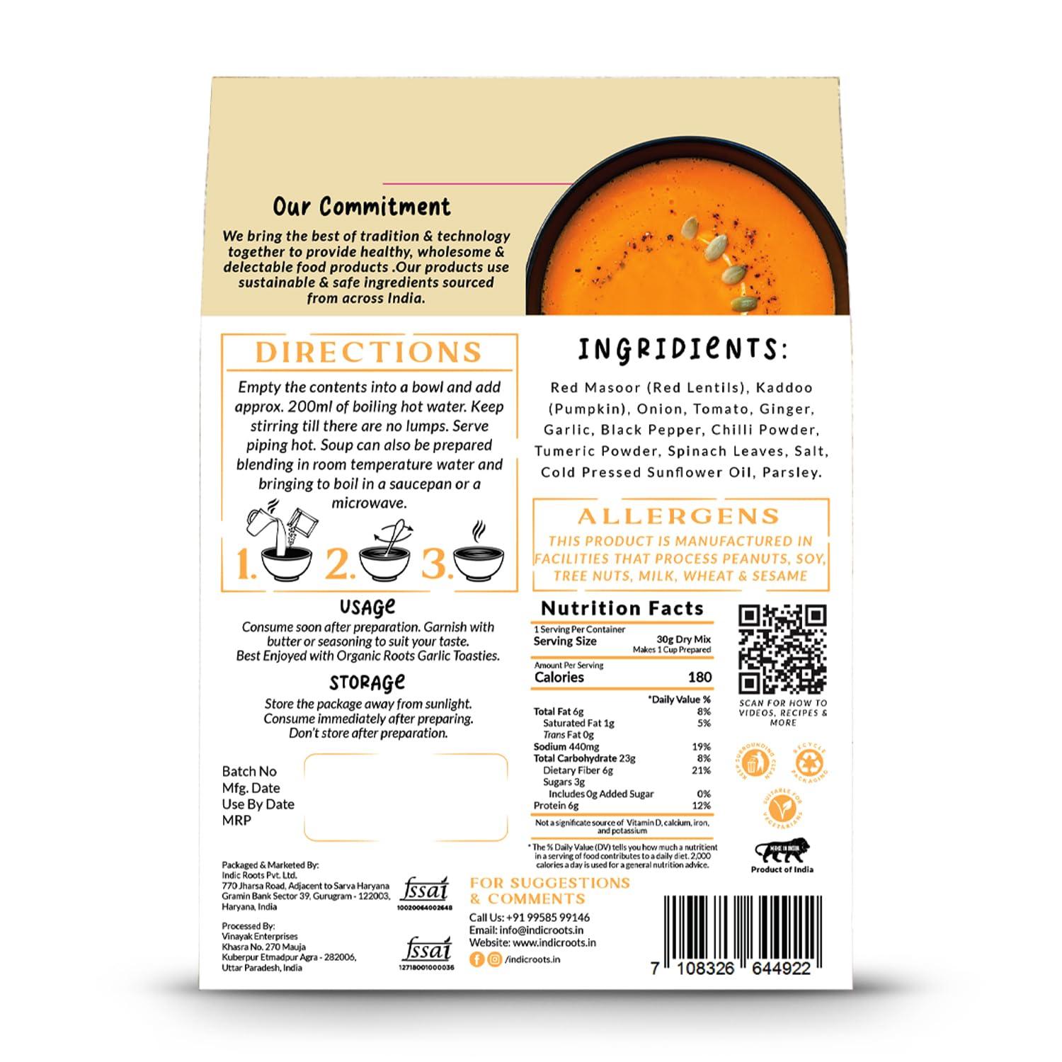 Organic Roots Indic Roots (Organic Roots) Pumpkin & Lentil Soup, Instant Soup Packets, Healthy Natural Ready To Cook Vegetable Soup Mix Powder, Pack of 4 (30G Each, 230Ml)