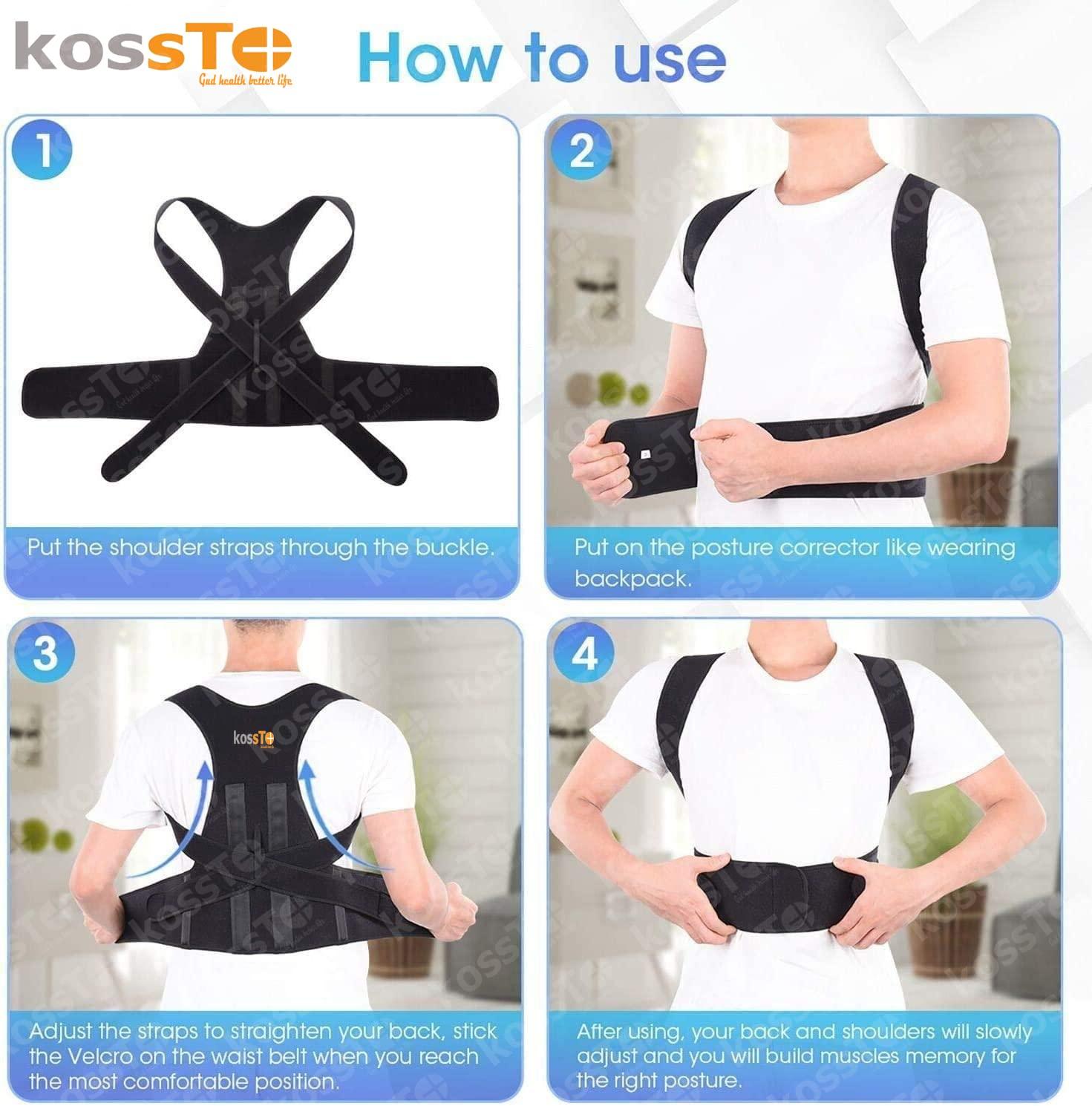 kossto kossto Free Size Premium Magnetic Back Brace Posture Corrector Therapy Shoulder Belt for Lower & Upper Back Pain Relief with Back Support Plates Man & Woman Medium (Universal)