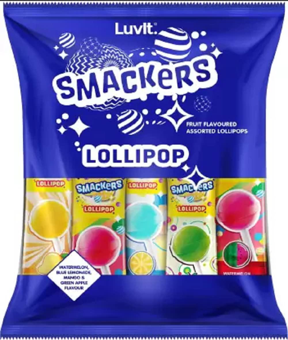LuvIt. LuvIt Smackers Fruit Flavoured Lollipops 4 exciting Flavours for Kids Mango, Blue Lemonade, Green Apple, Watermelon Lollipop (480 g)
