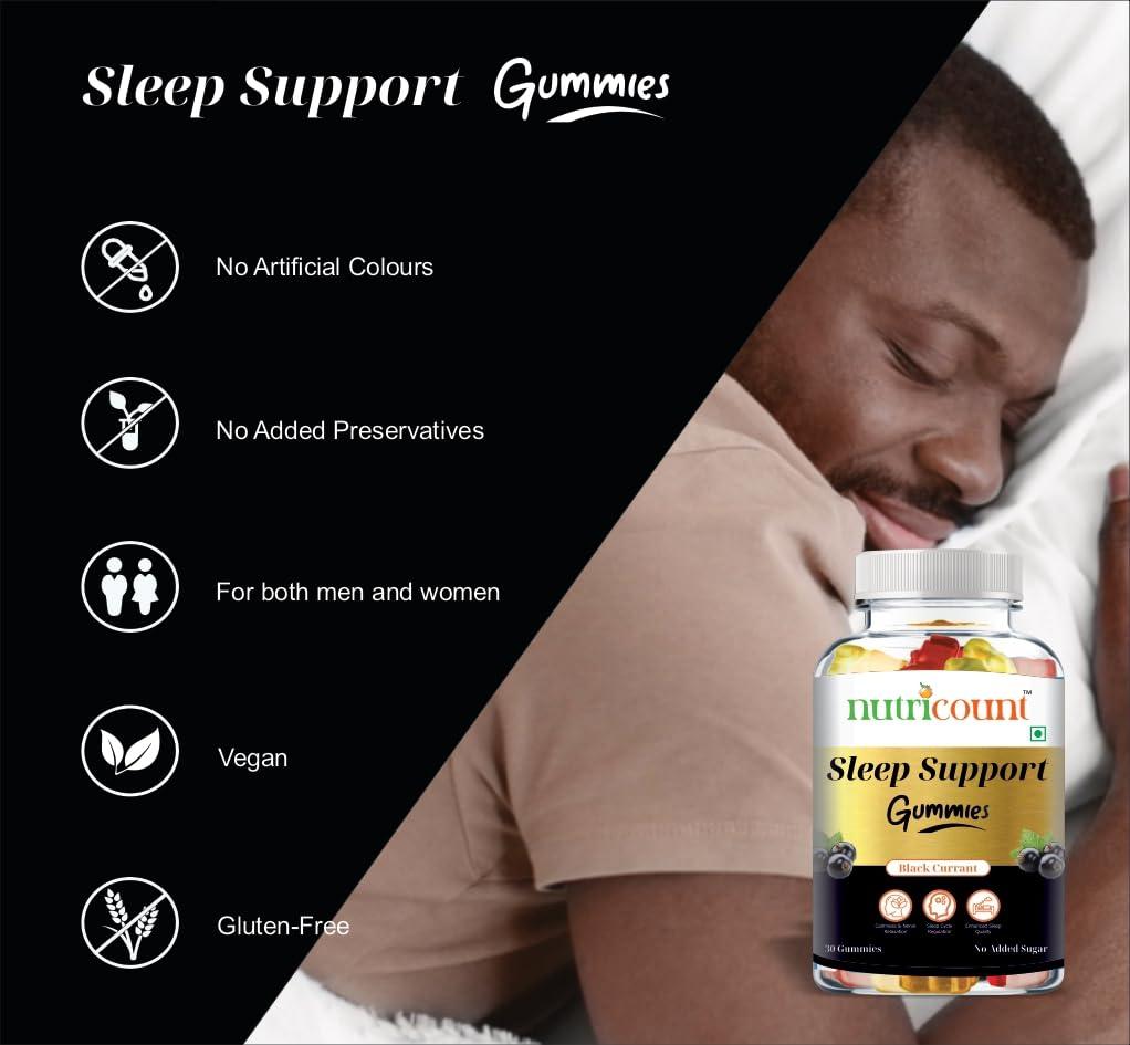 NUTRICOUNT NUTRICOUN T Good Sleep 30 Gummies Melatonin Ashwagandha, Chamomile extract & L-Theanine Support Blissful Sleep & Reduce Stress Natural Black Currant Flavoured 0 Added Sugar Pack-Of-1