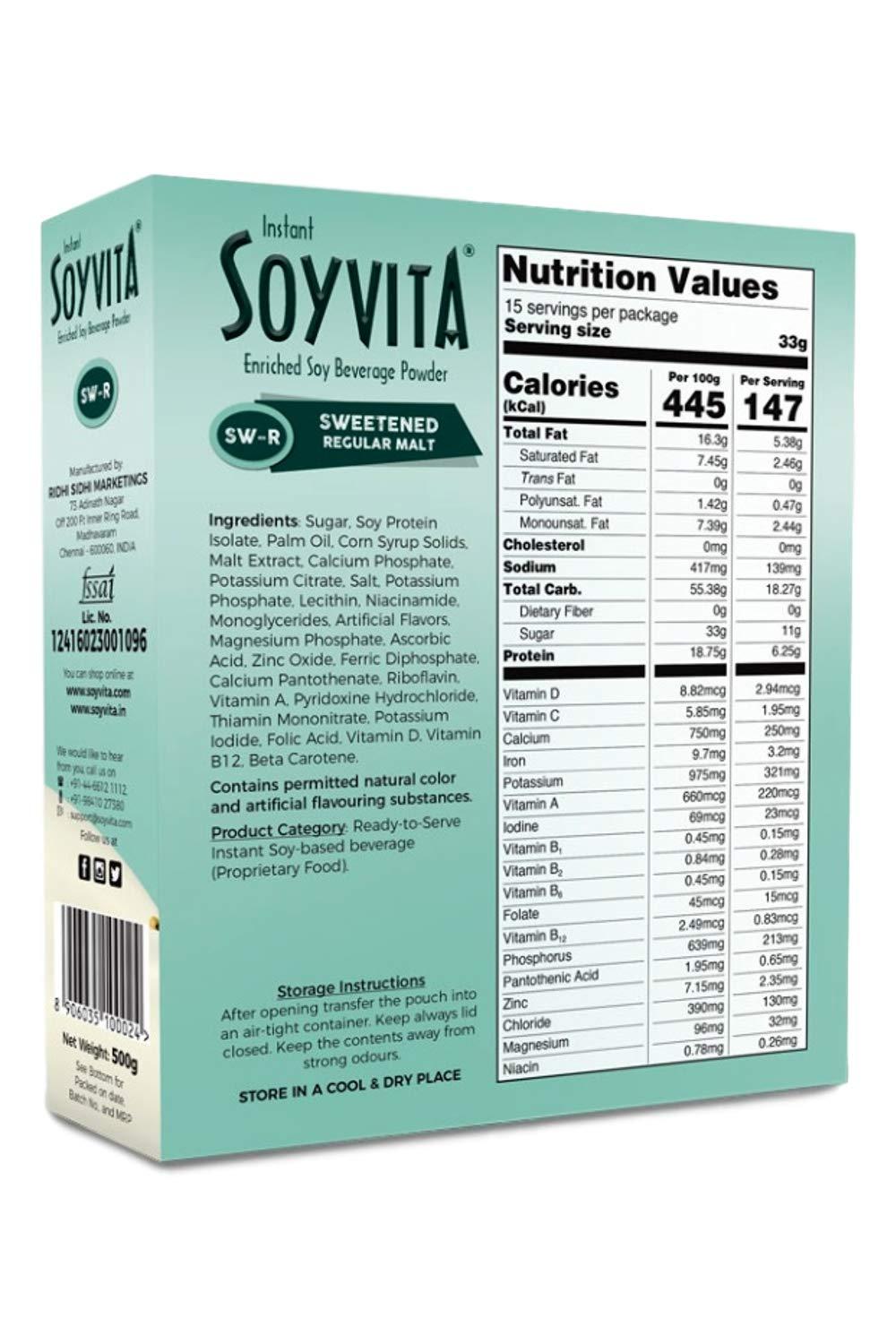 Soyvita SOYVITA - SWEETENED Regular Malt | Lactose Free | ENRICHED Soy Beverage Powder | Serves-15 (500 GMS) | (Available in 200 GMS / 500 GMS)