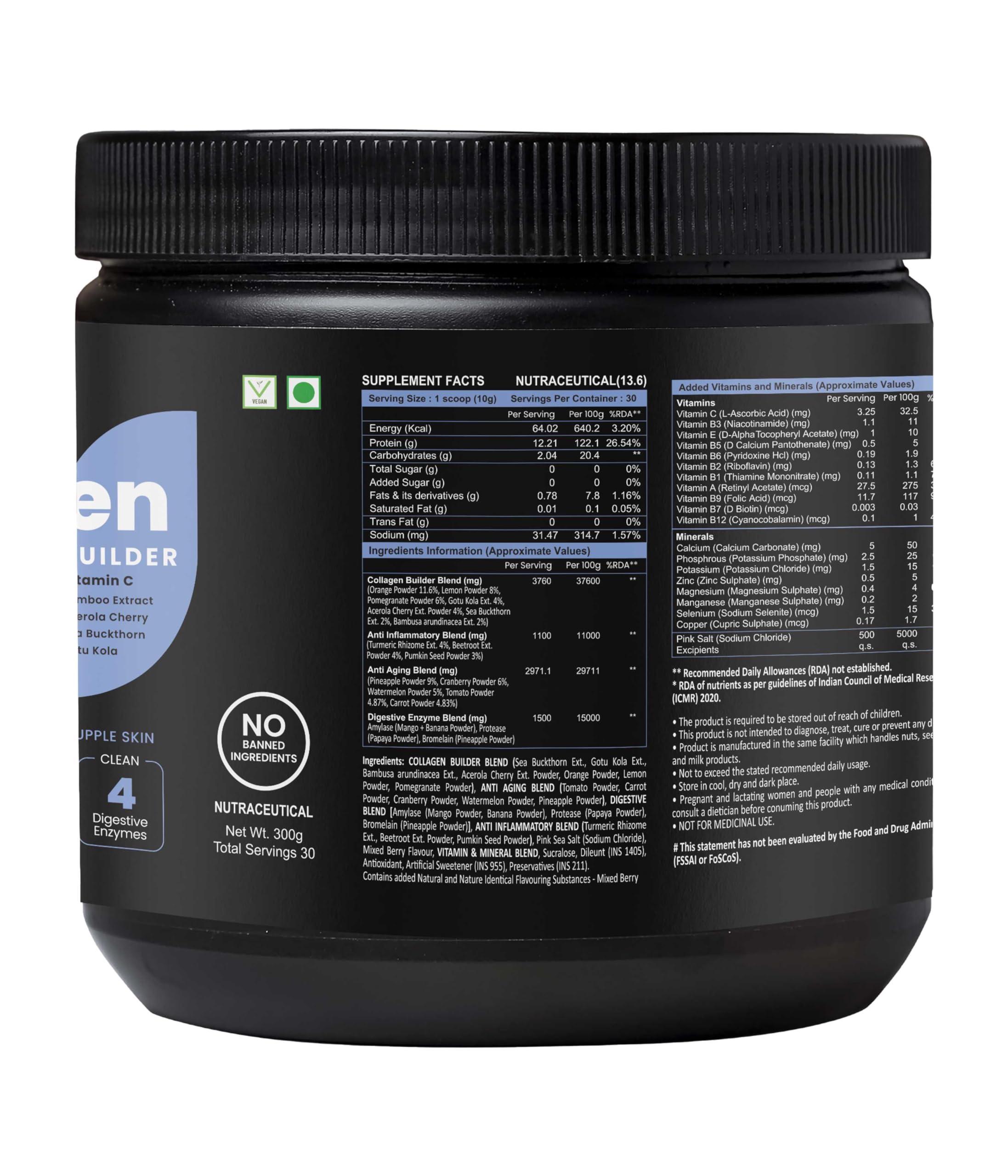 PLANTIGO Plantigo Plant Collagen Builder Powder For Skin Glow & Radiance With Biotin, Hyaluronic Acid, Vitamin A, C, E & Antioxidants - 30 Servings Collagen Booster (Mixed Berry Flavor - 300g + Shaker, 600ml)