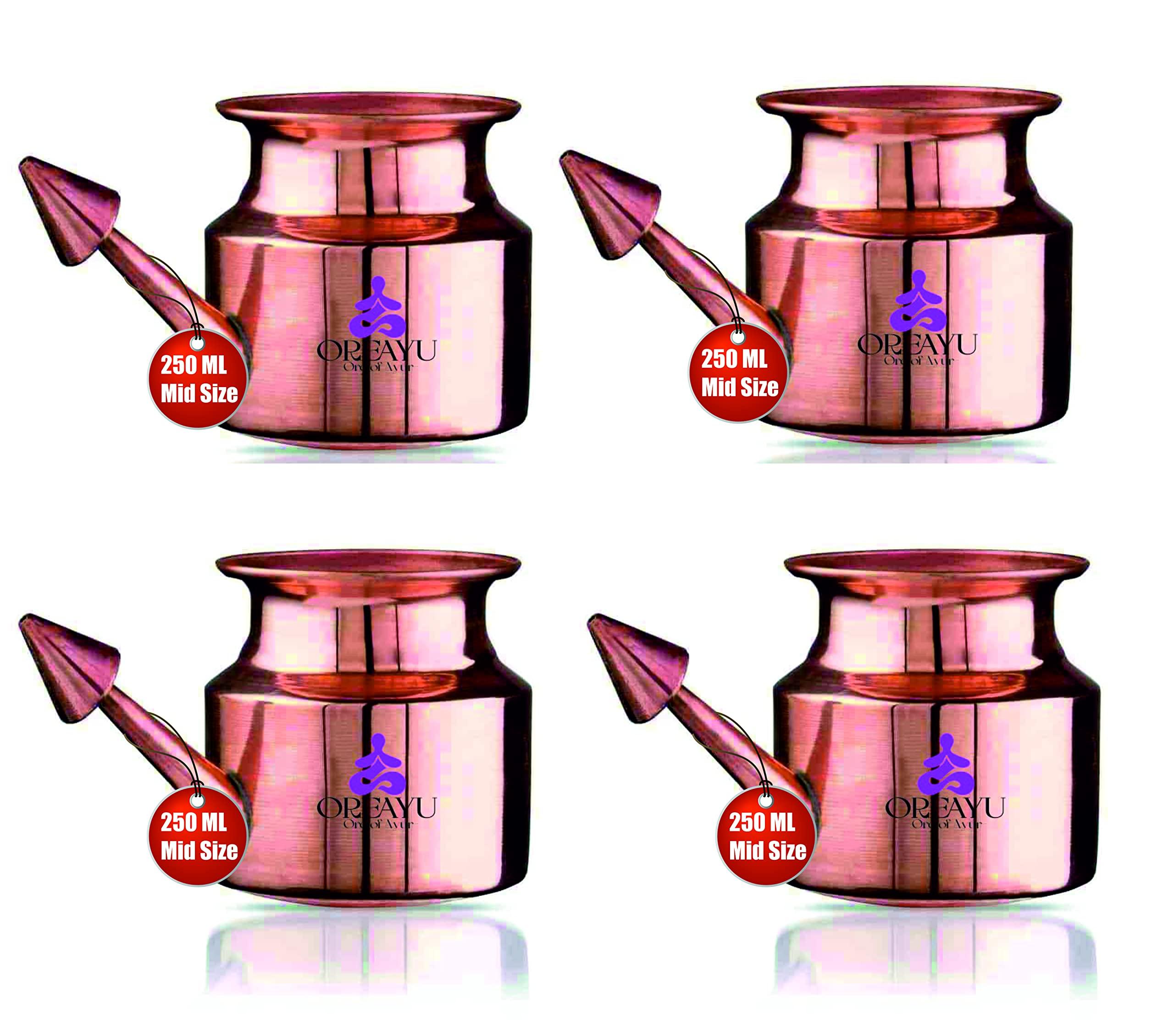 OREAYU 4 Pcs Copper Neti Pot Yoga and Ayurveda Jal Neti Pot for Sinus, Nose Irrigation and Cleaning (250 ml) (4 Pcs)